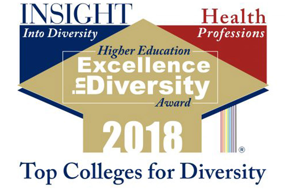 Text reads: Insight into Diversity, Health profession, Higher Education Excellence in Diversity Award 2018 top Colleges for Diversity.
