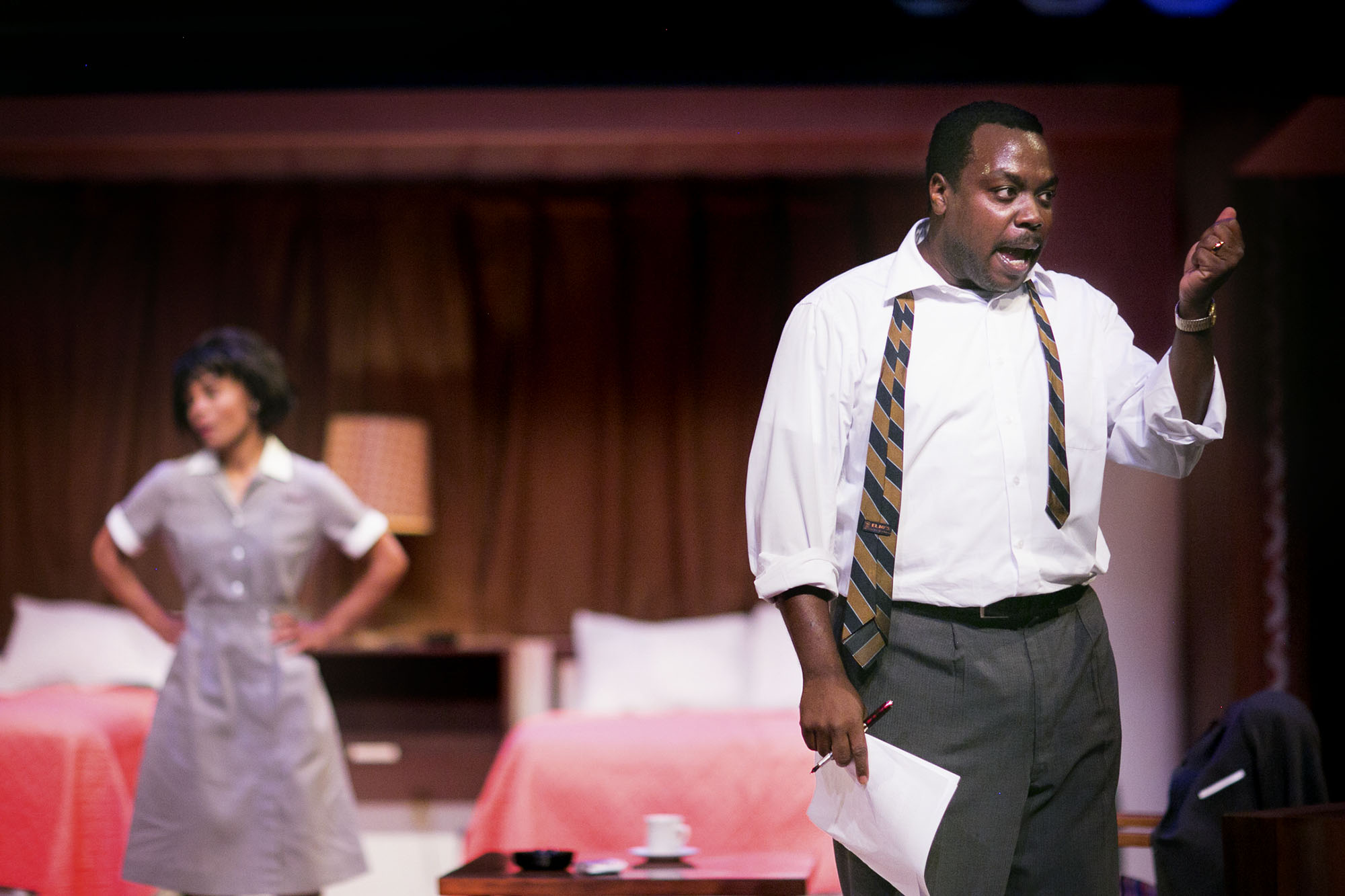 Two cast members rehearsing the play The Mountaintop