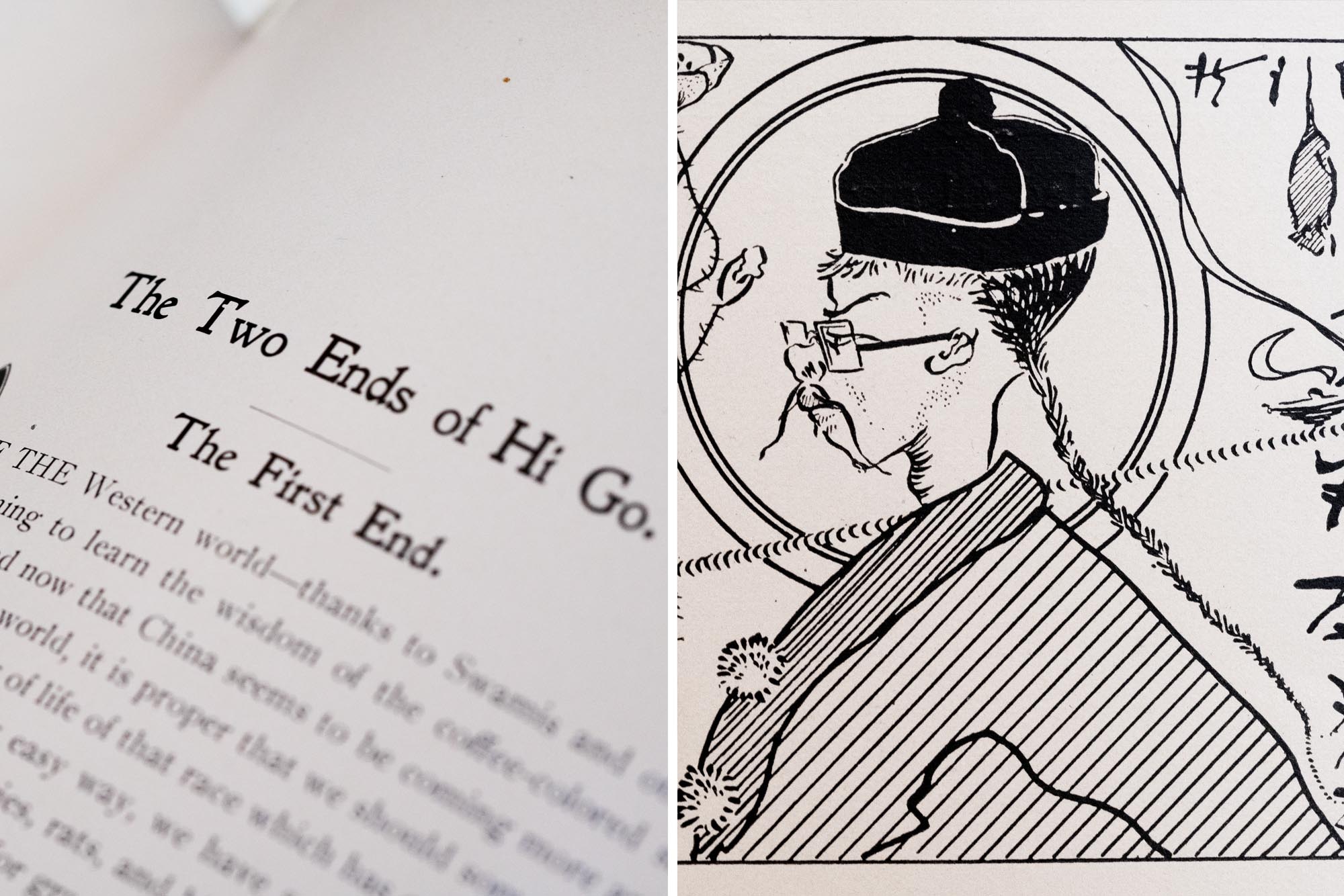 Left: book chapter that reads, the two ends of Hi go.  Right: a drawing of an Asian man from the side