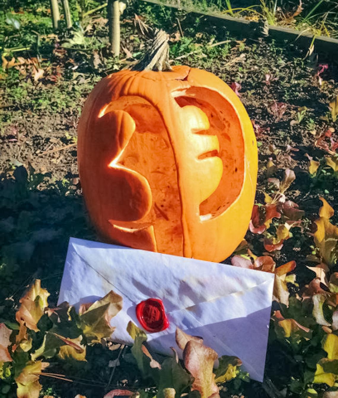 An envelope sealed with red wax in front of a pumpkin carved with the letter P.