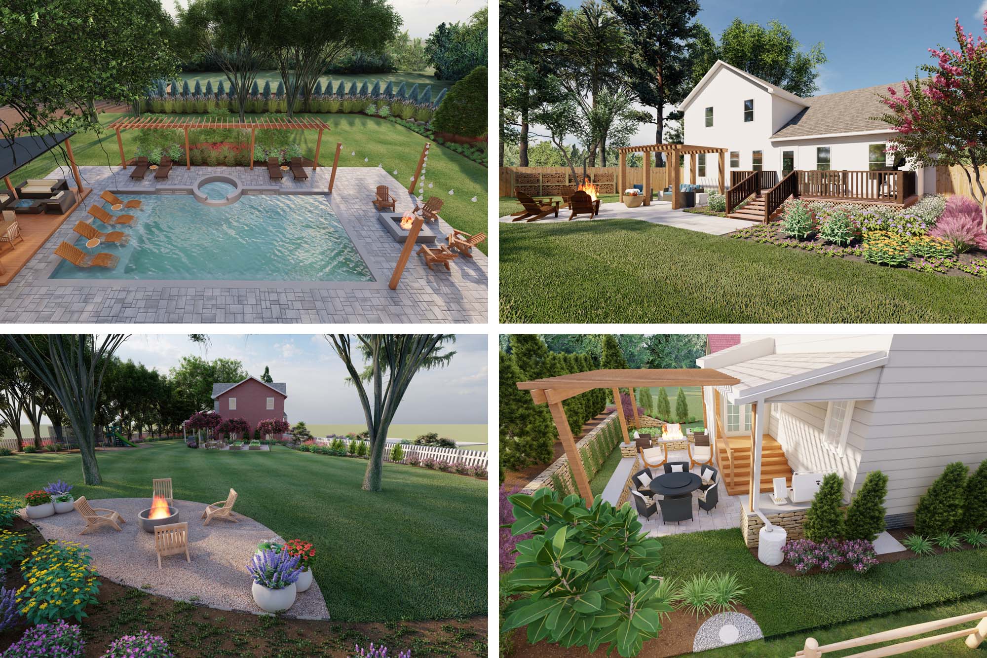 Backyard designs by Tilly.  top left: pool surrounded by grey blocks, top right: backyard patio with a fire pit and lounge chairs, bottom left: petal shaped stone patio with a fire pit, four lounge chairs, and flowers in big pots, bottom right: small backyard with a patio and round table with chairs