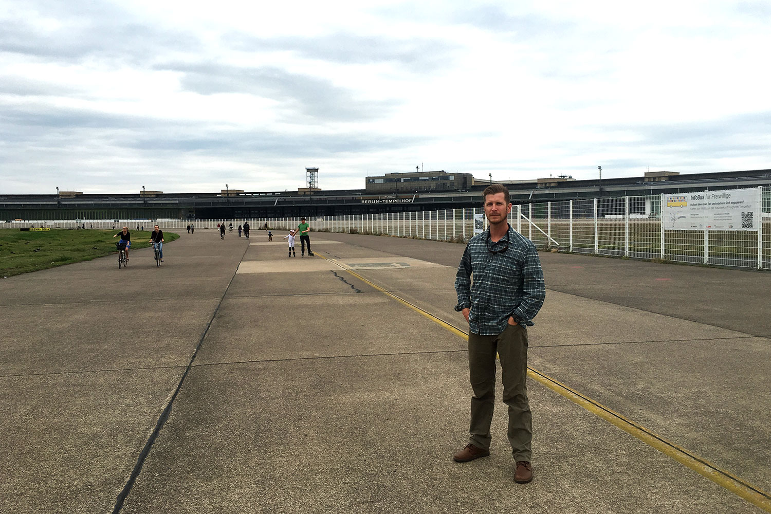 Darden student Seth Hooper, pictured at the Tempelhof Airport refugee camp in Berlin, founded Respit Solutions after 12 years working as an army medic and medical operations officer.