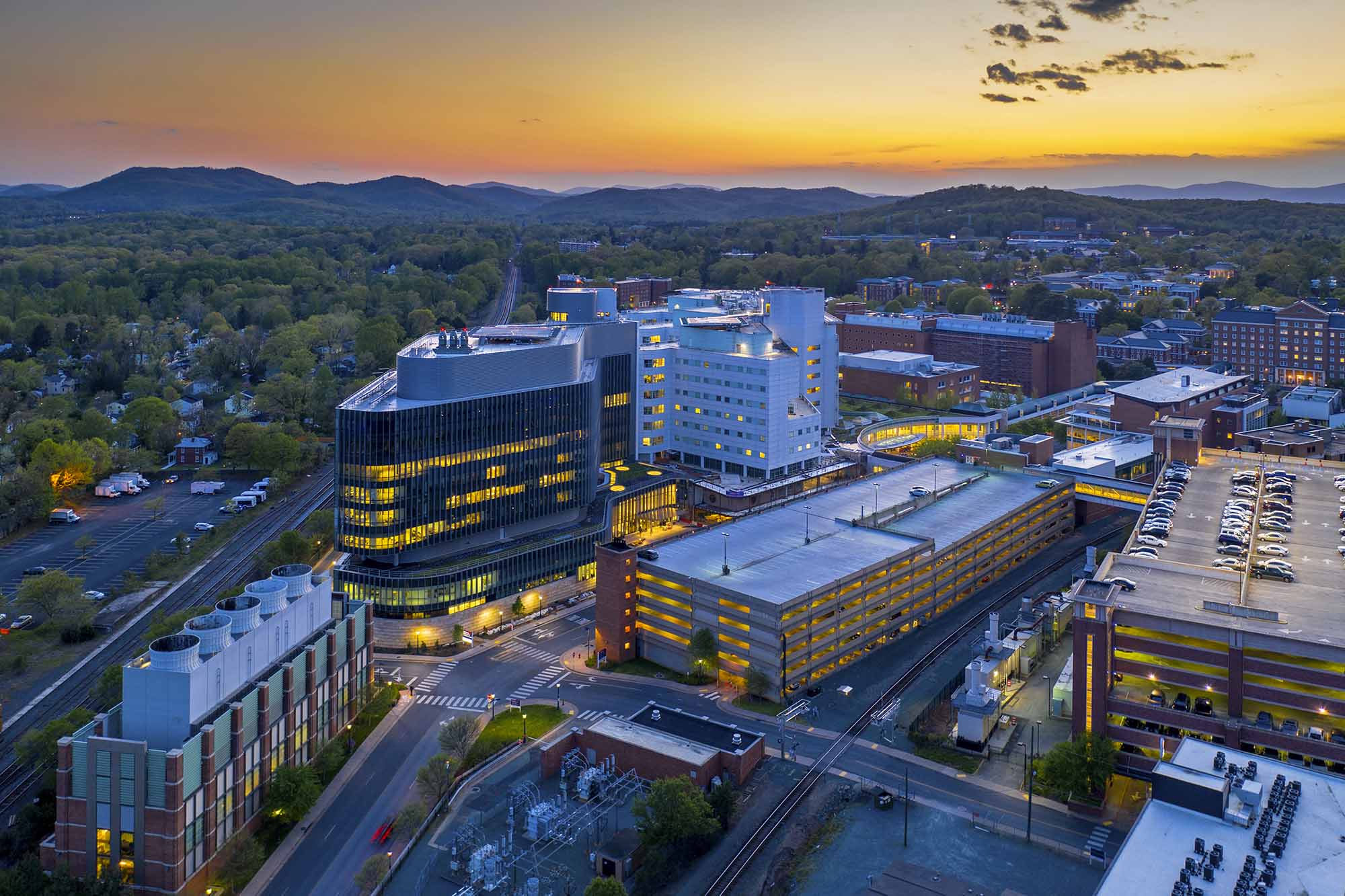 Arial view of the UVA Health Center Buildings