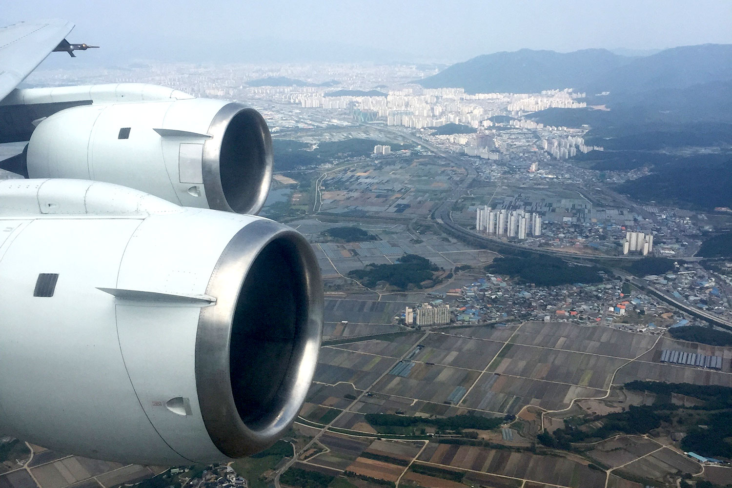 A view of South Korea from a NASA research plane. The study sampled air from a range of altitudes over cities, countryside and forests.