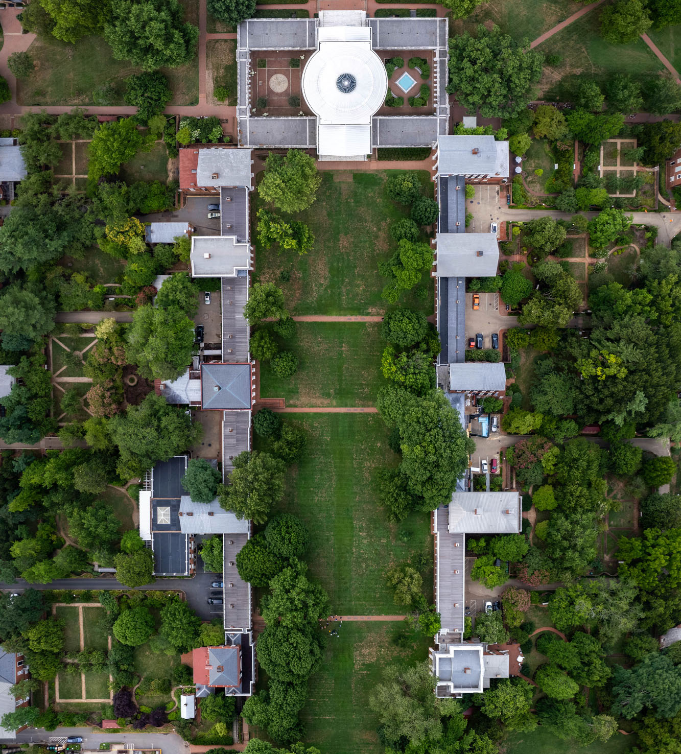 Aerial looking straight down at the lawn with all 10 pavilion gardens in view.