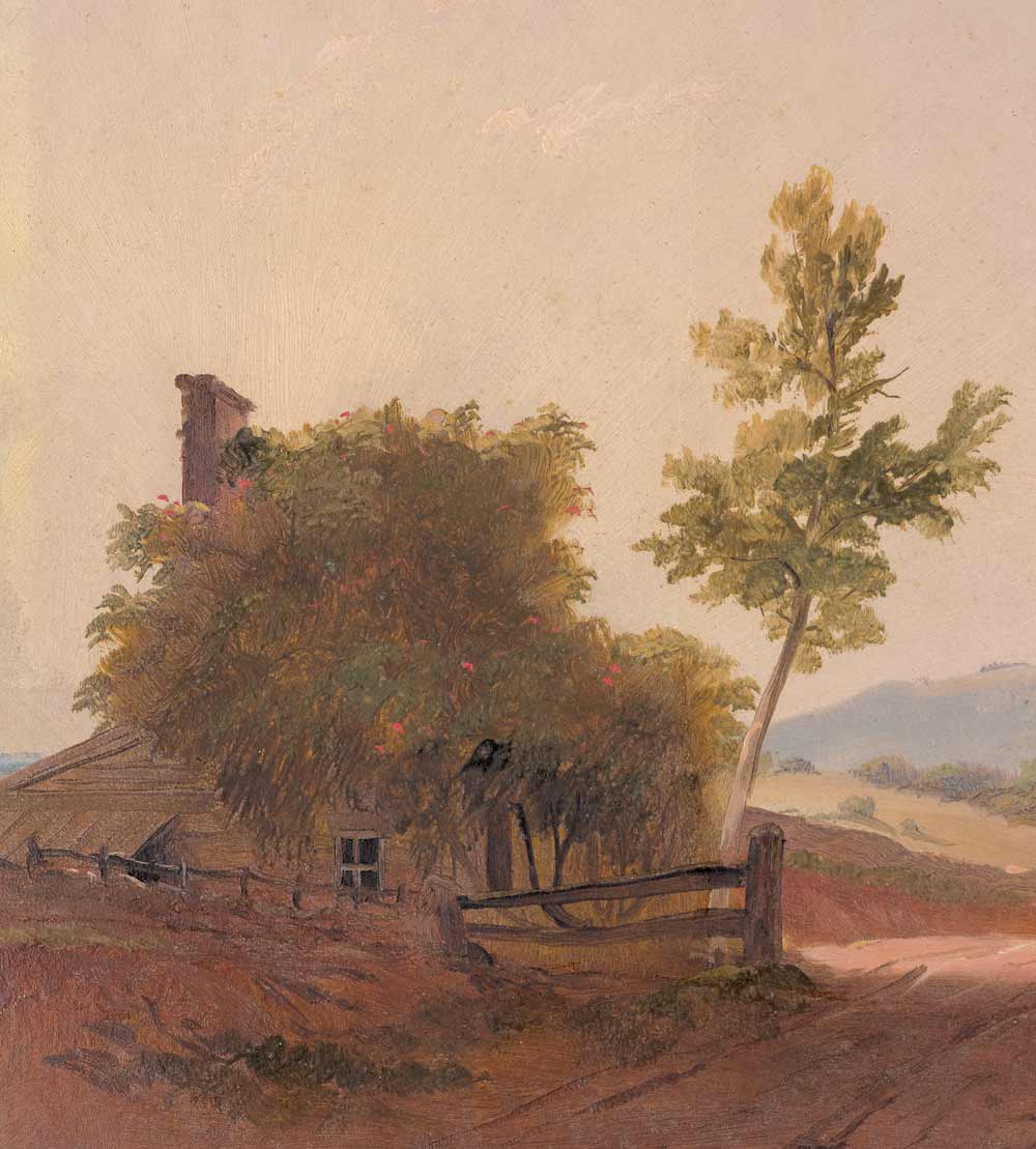 Portion of the painting showing an old farm house