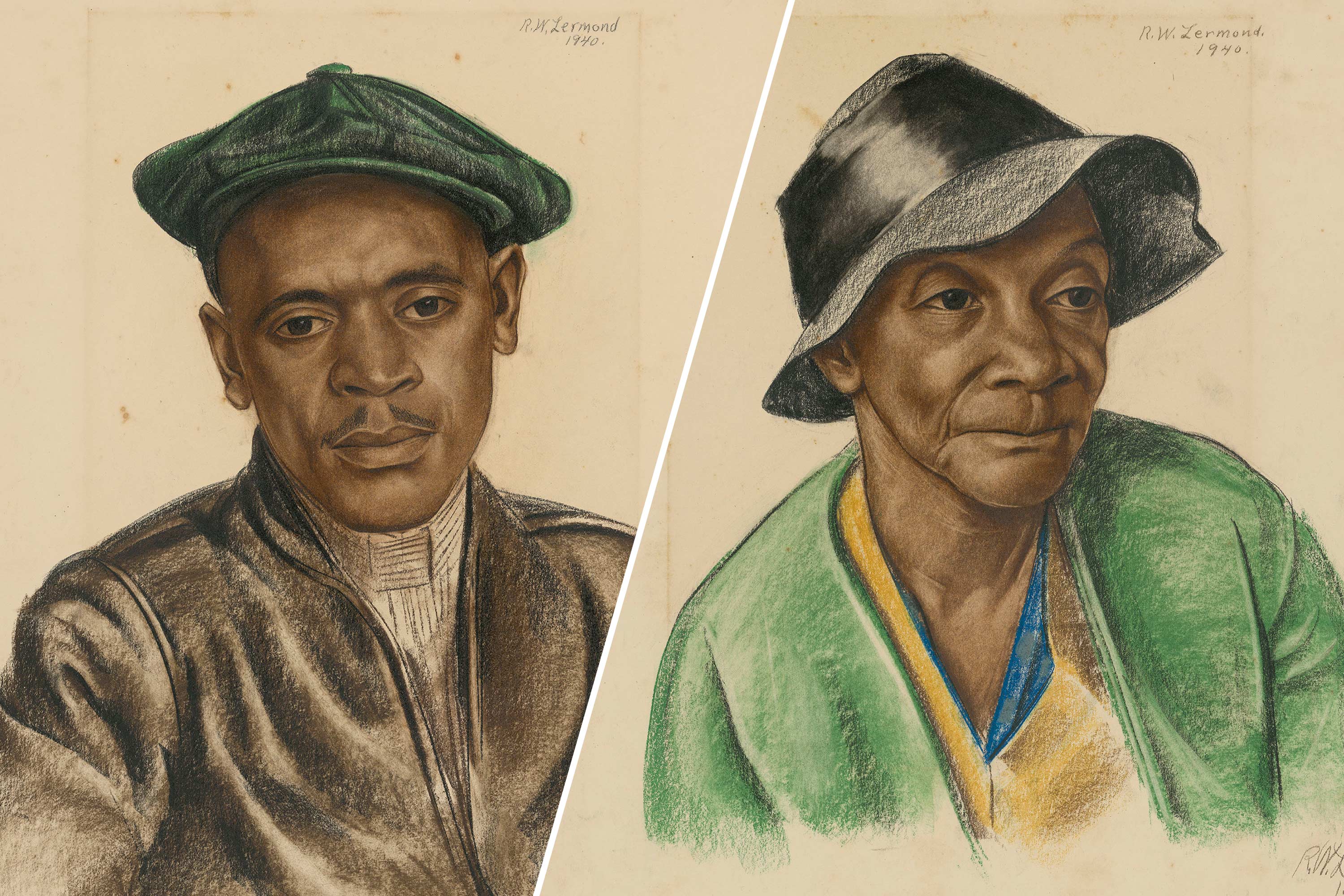 Drawings of a black man and a black woman at an exhibit