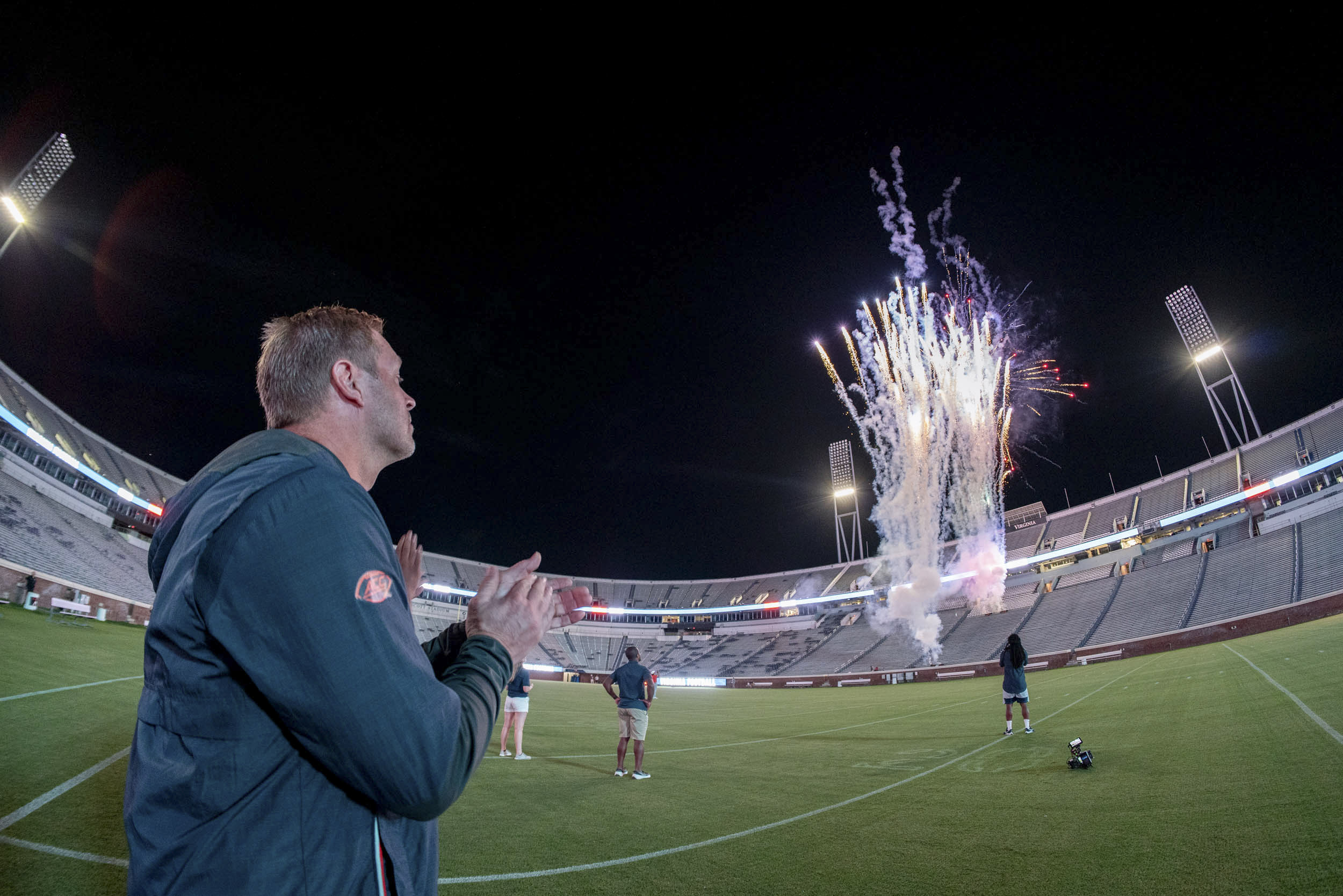 Mendenhall looks at pyrotechnics going off in the stands 