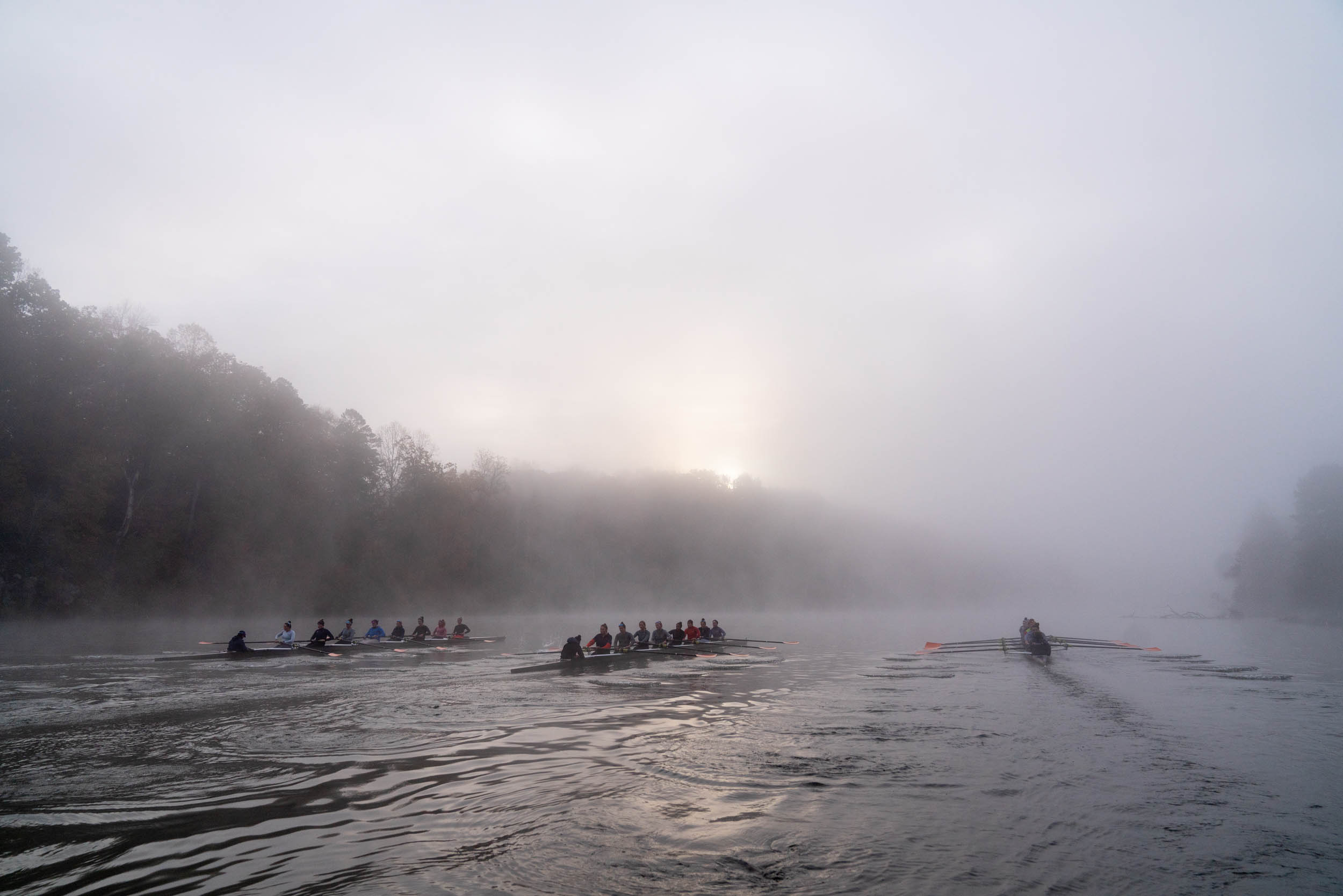 Rowing team on a foggy river