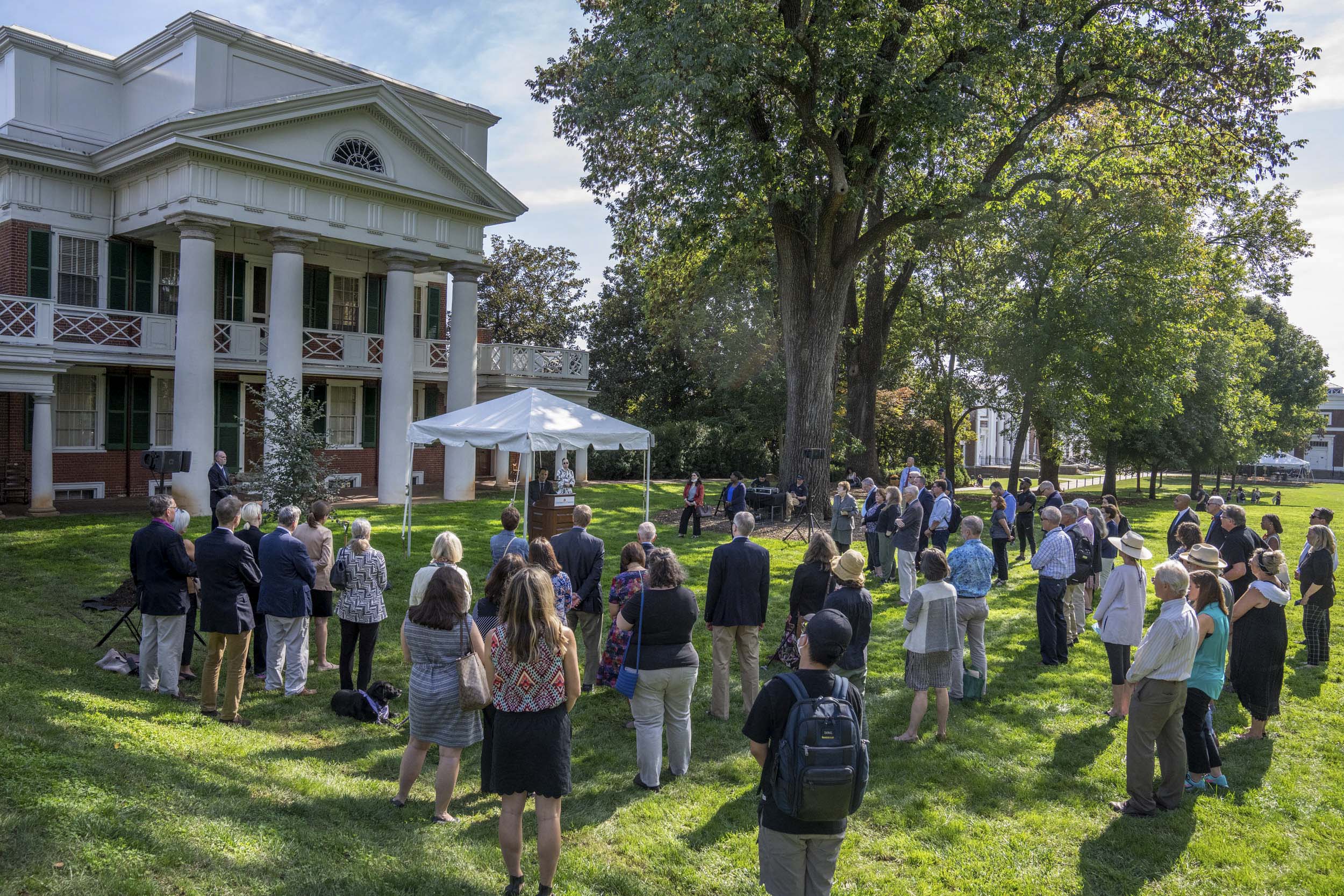 Crowd gathered on the lawn during the tree planting ceremony for President Sullivan