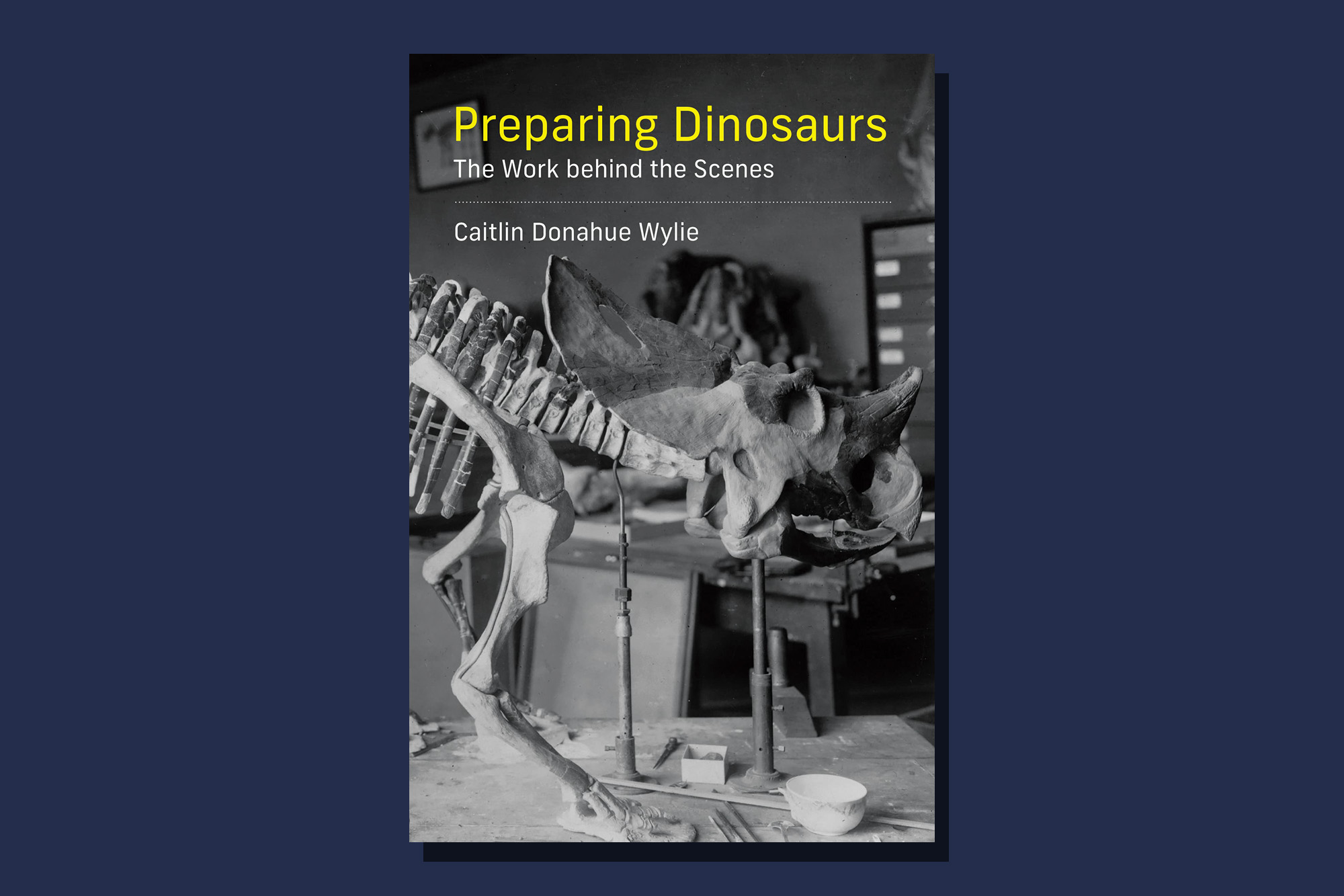 Textbook with a dinosaur with the text: preparing dinosaurs the work behind the scenes Caitlin Donahue Wylie