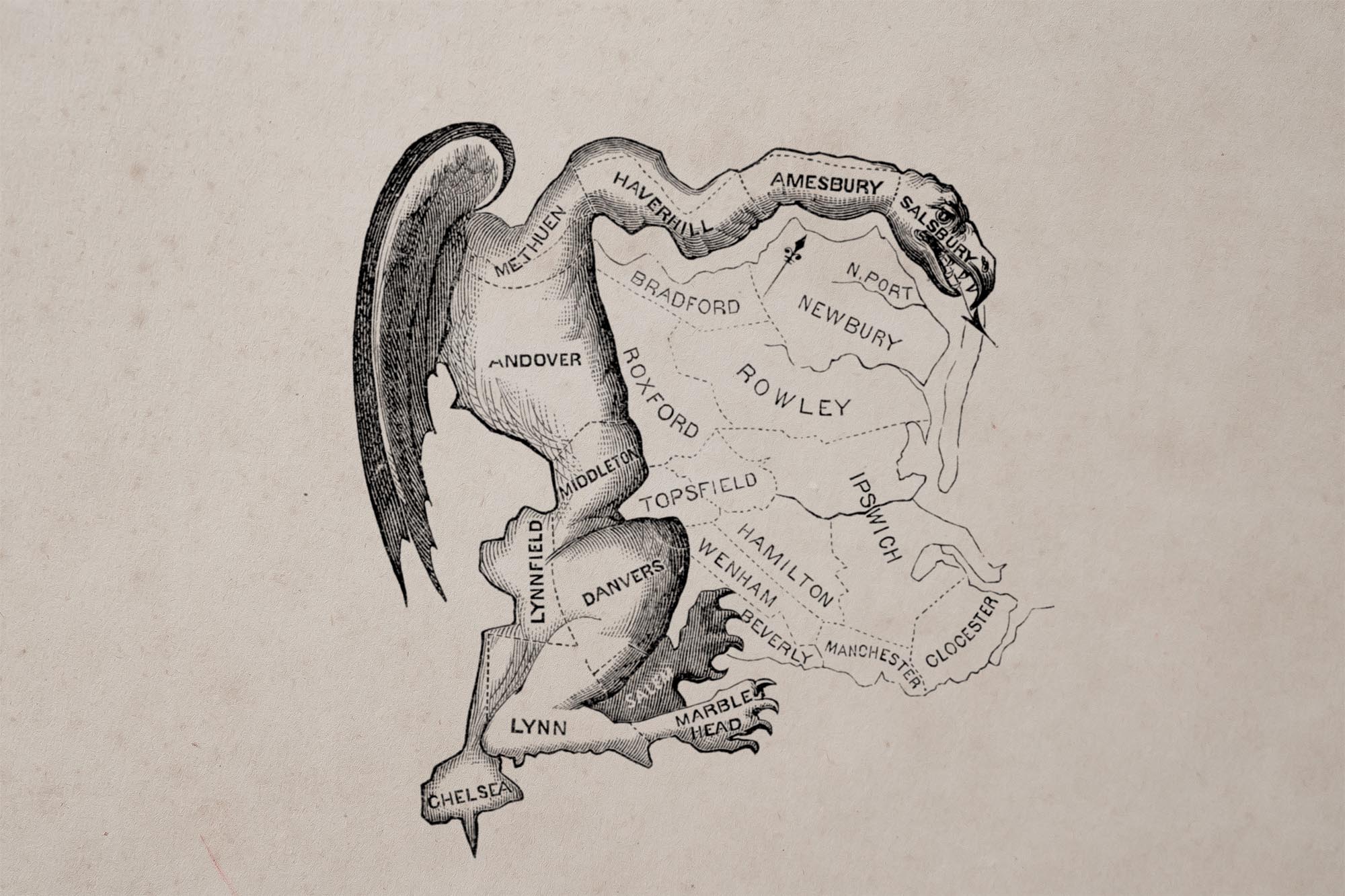 Old Political Cartoon of a map of english regions and some of them have been included in the making of a dragon