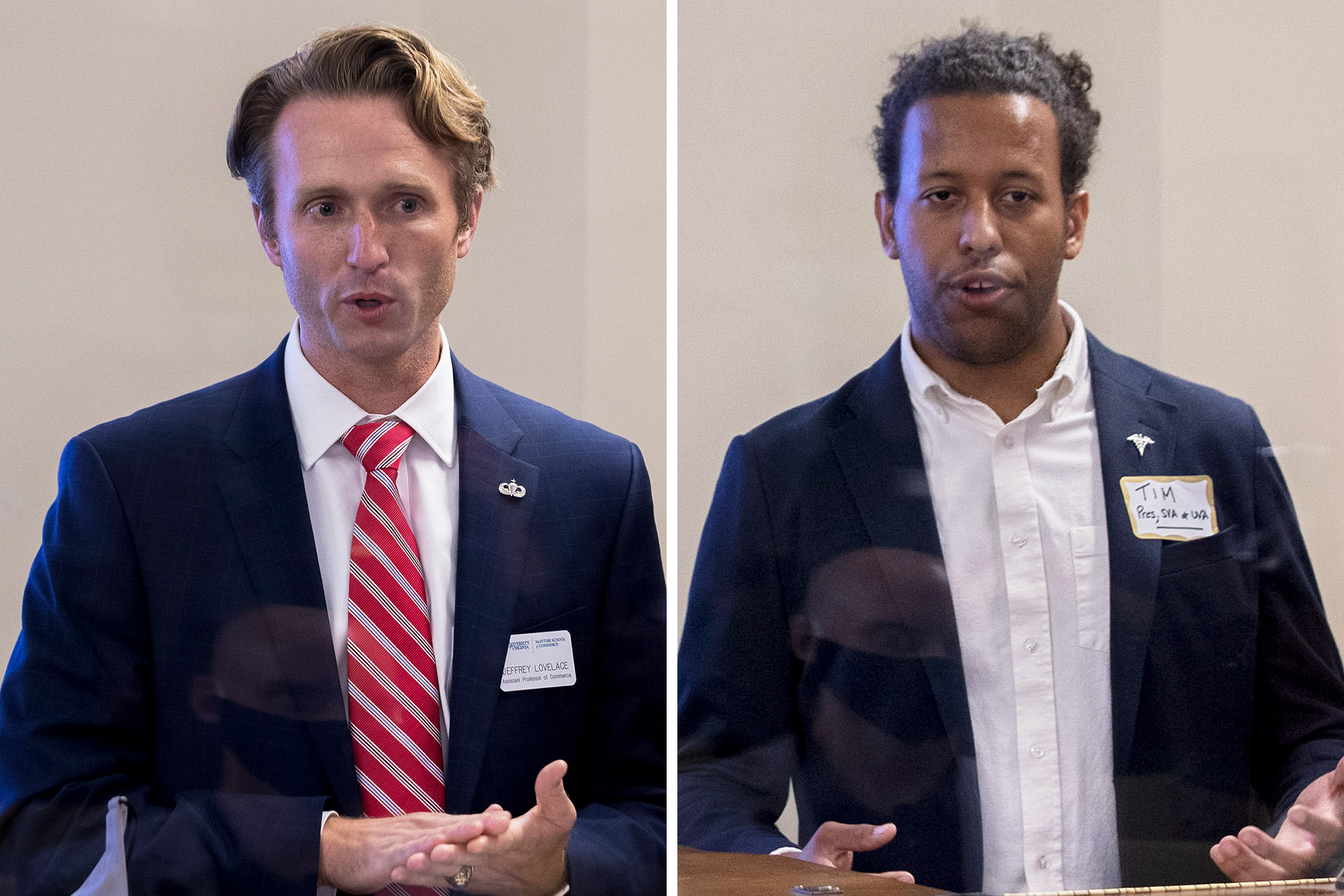 Jeffrey Lovelace, left, and Tim Brown, right speak at a podium 