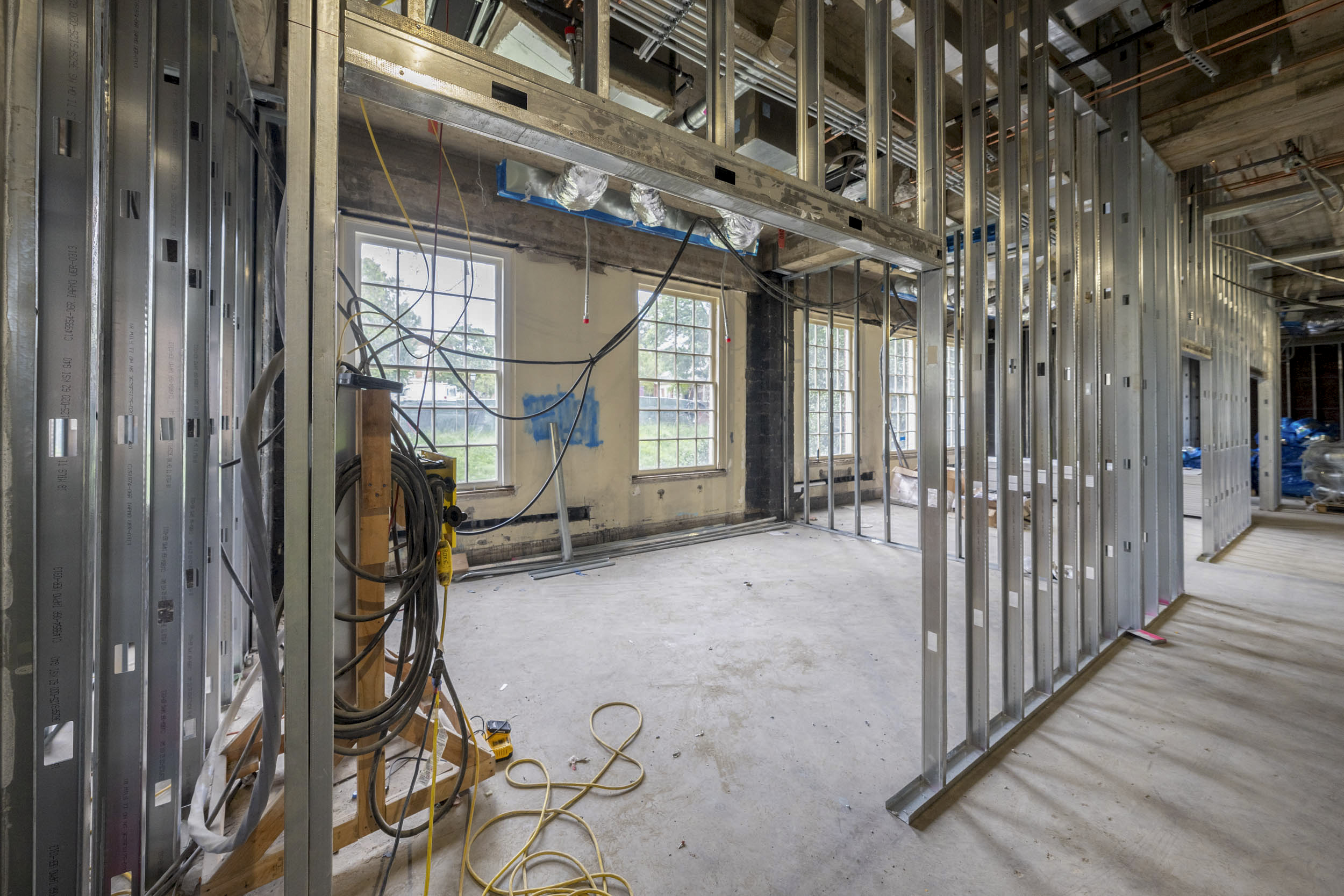 Gutted Alderman Library with new metal walls up ready for drywall