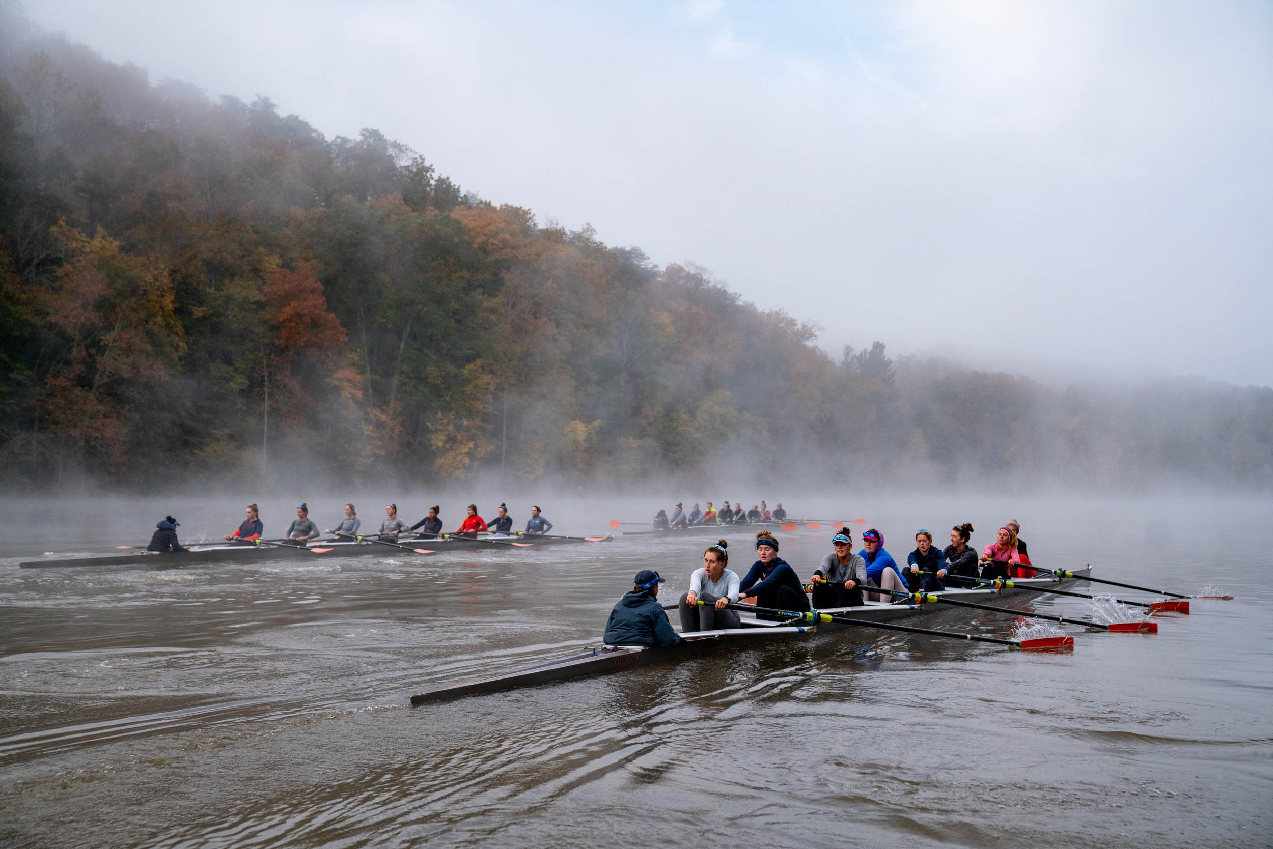 UVA's rowing teams on foggy river
