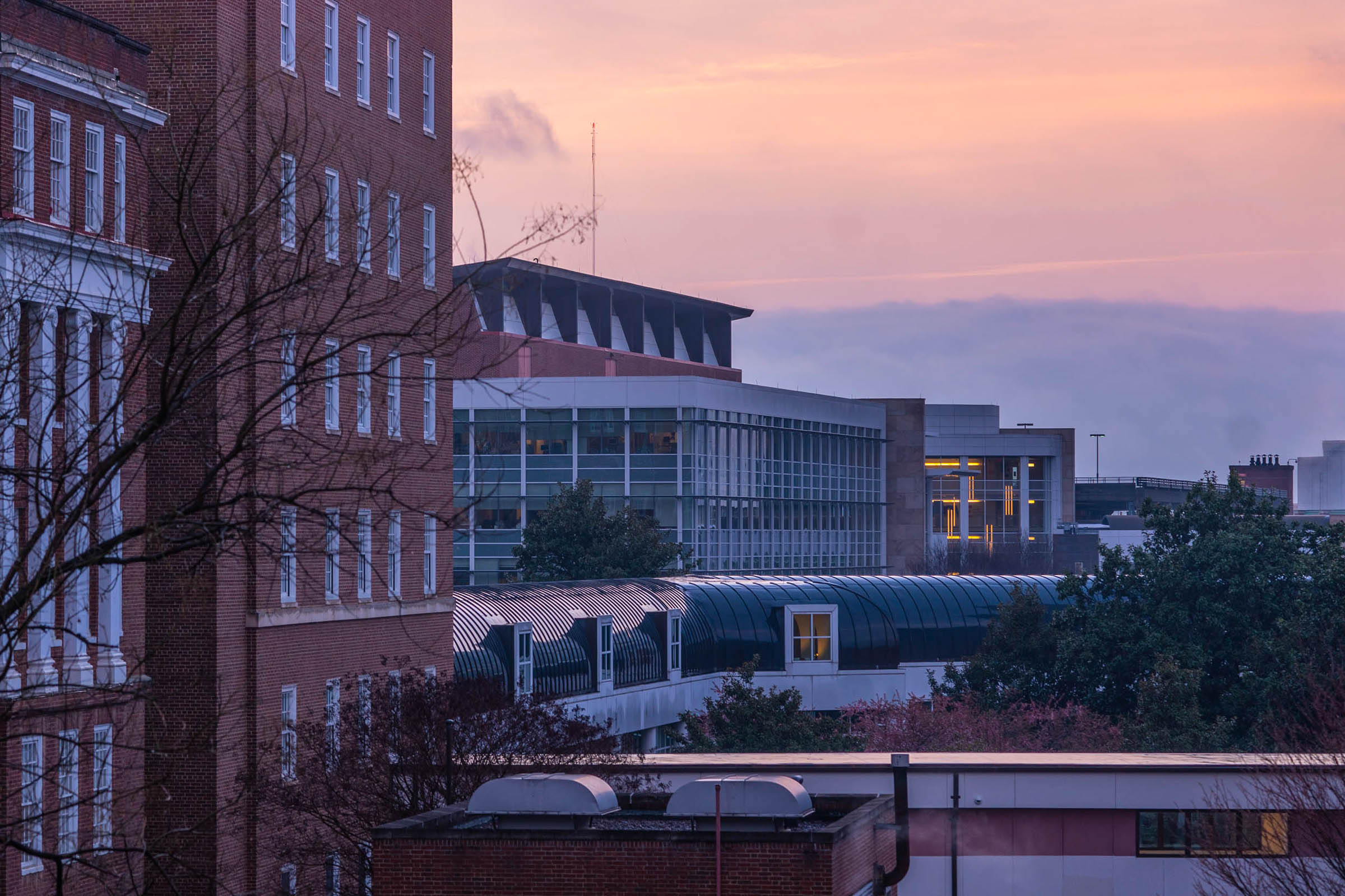 View of UVA's hospital at sunset