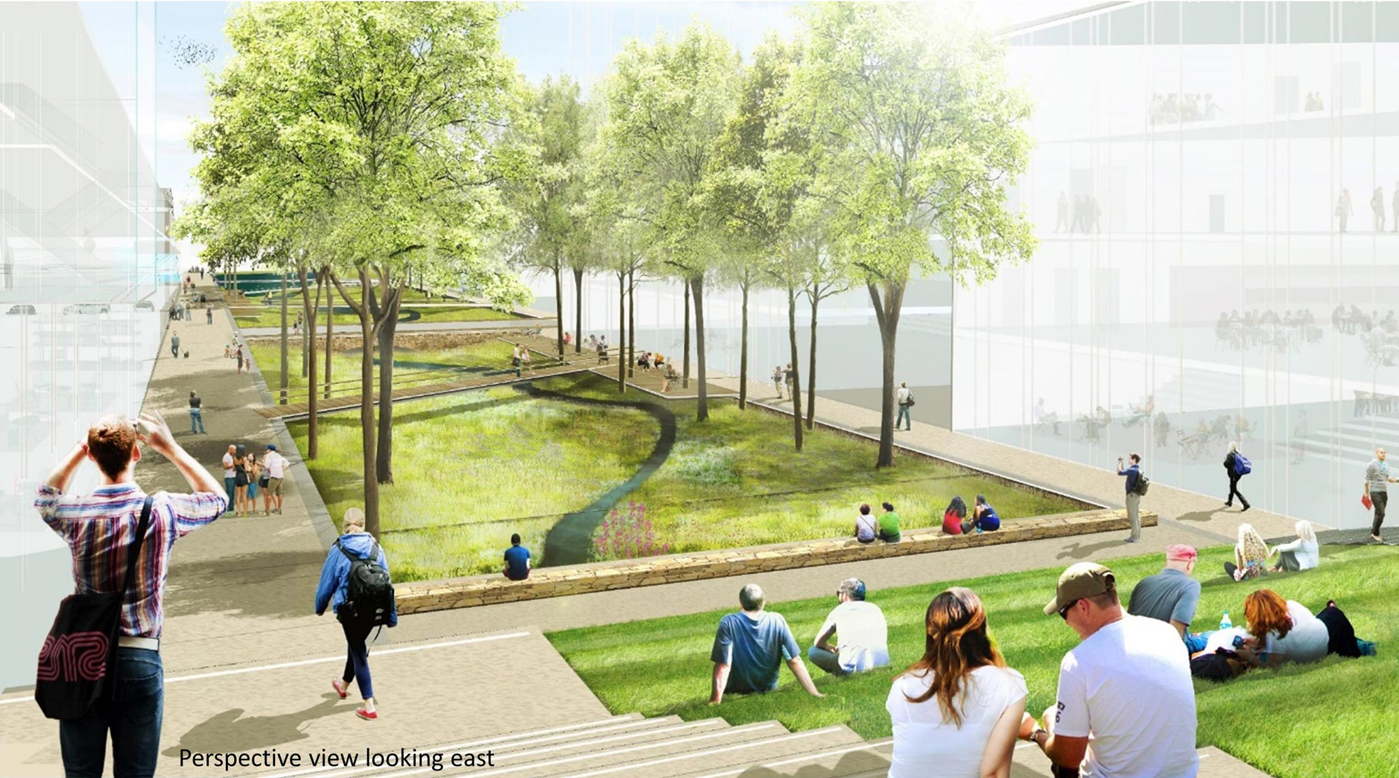 Graphic illustration of students sitting on steps and a hill with the new ivy corridor building to the right