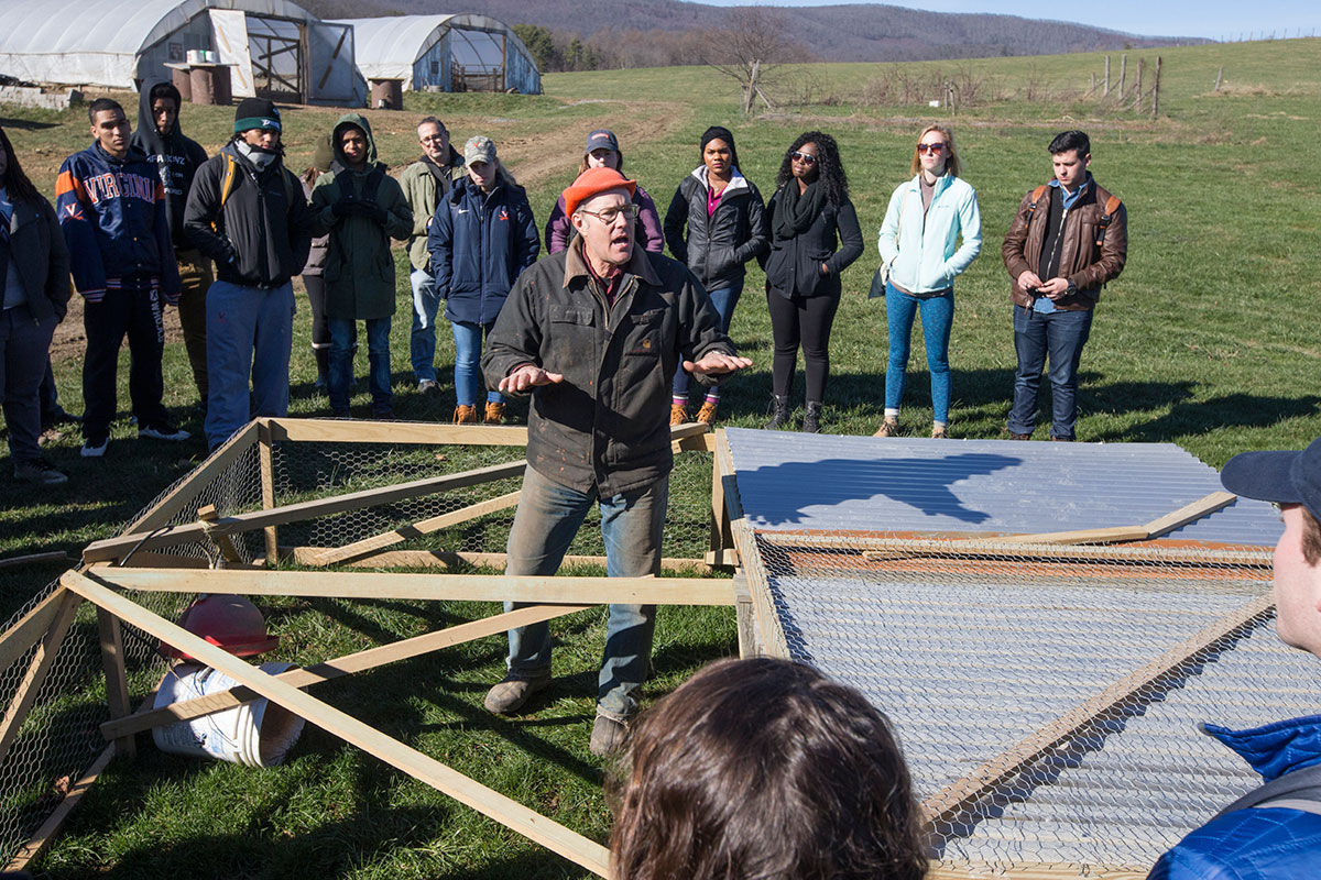 Joel Salatin, owner of Polyface Farm, uses one of this portable chicken houses to illustrate his principals of mobile, modular and management intensive agriculture. The light-weight structures, made of wood, wire and sheet metal, house small amounts chick