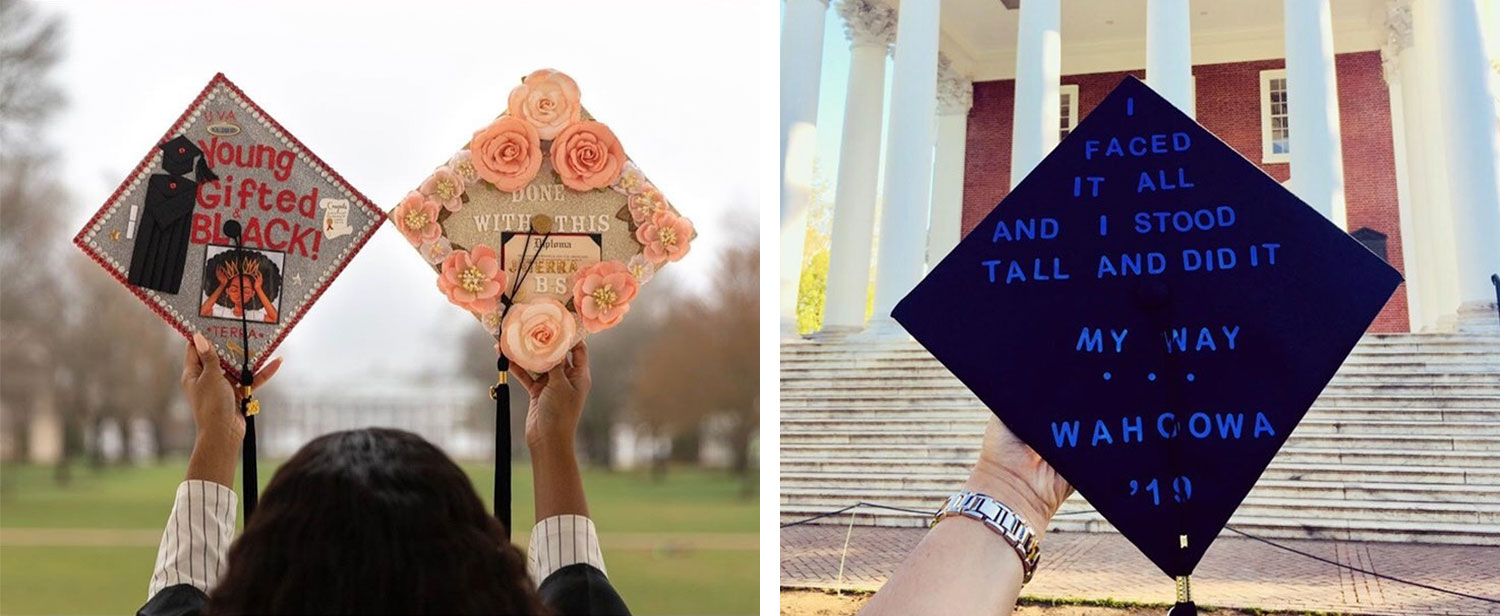 Left: Local business Glamz Designz by Coco created Jaterra Brown’s caps, left.  Right: Cap reads: I faced it all and I stood tall and did it My way Wahooway '19