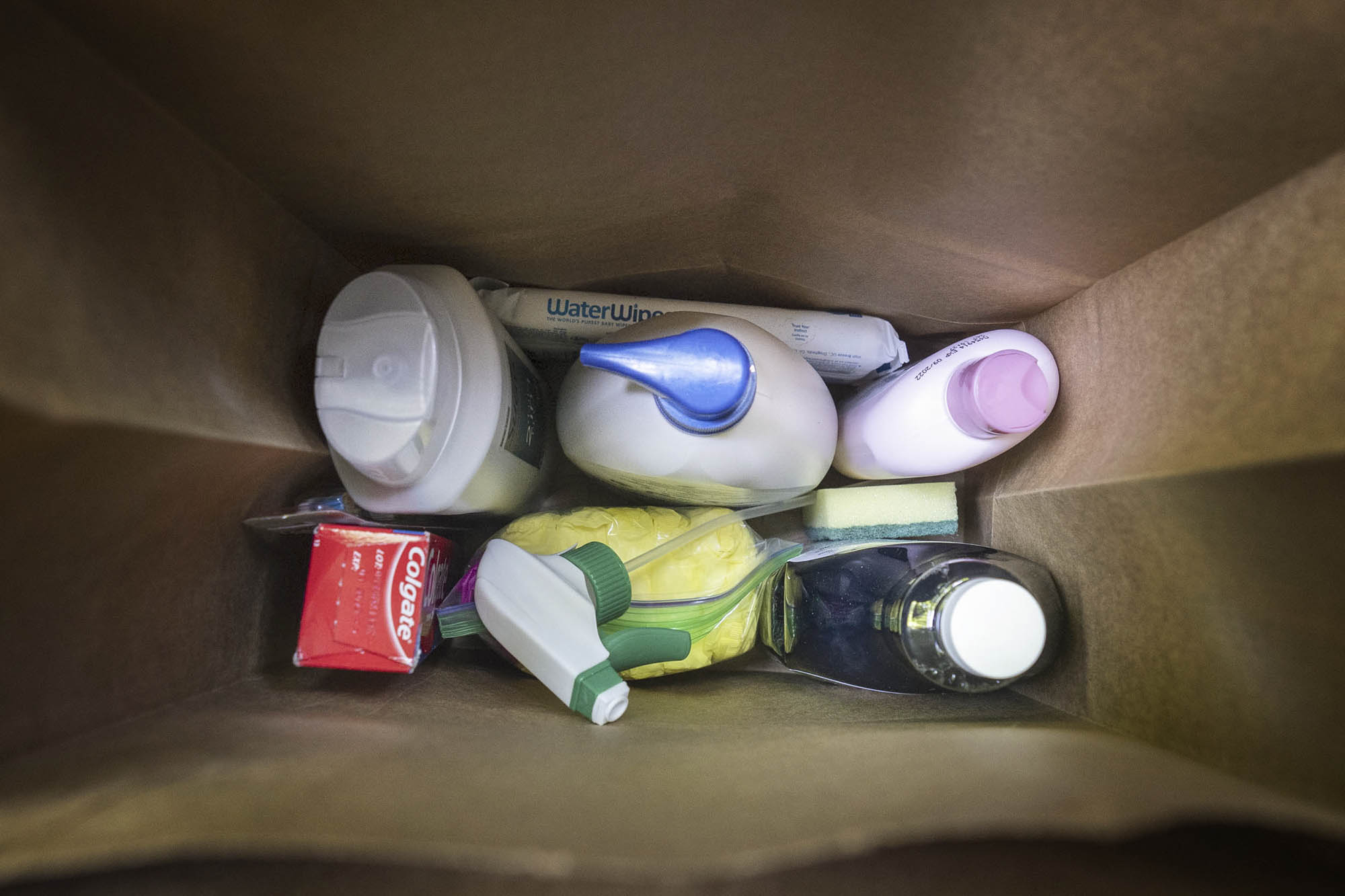 Brown bag filled with essential feminine hygiene products, cleaning supples and dish detergent, and various other supplies