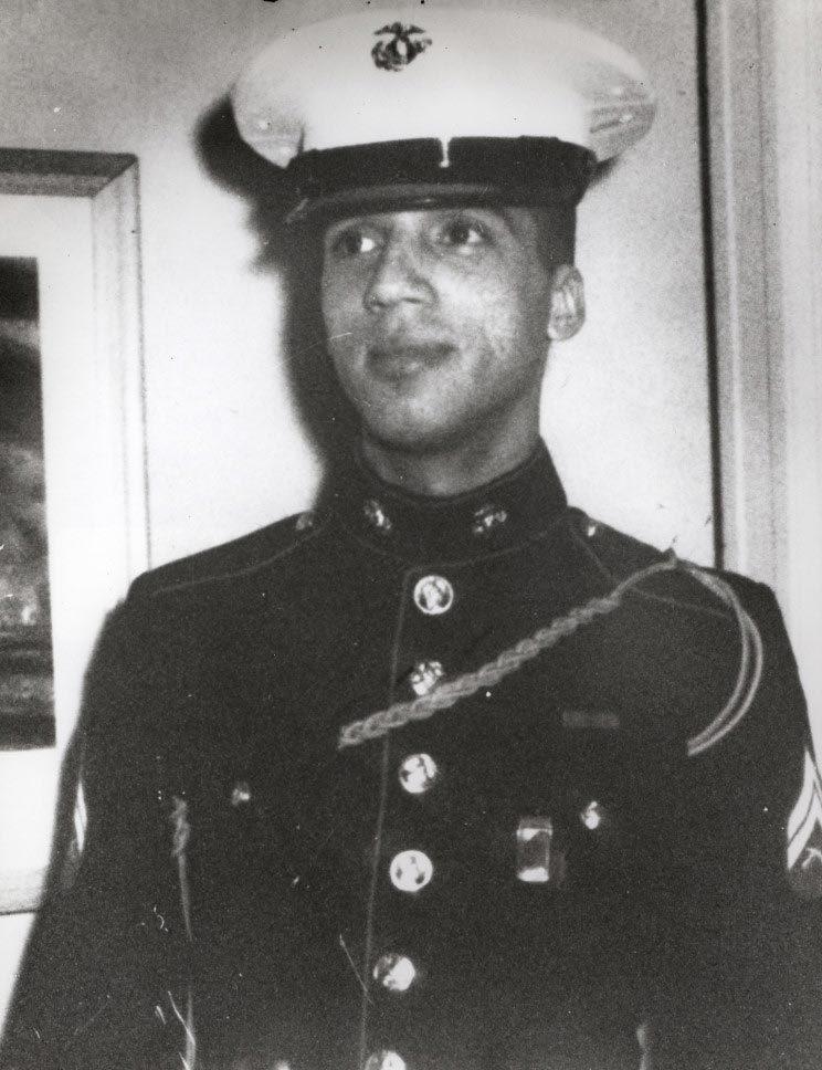 Marine Sgt. Rodney M. Davis in military uniform for a black and white headshot