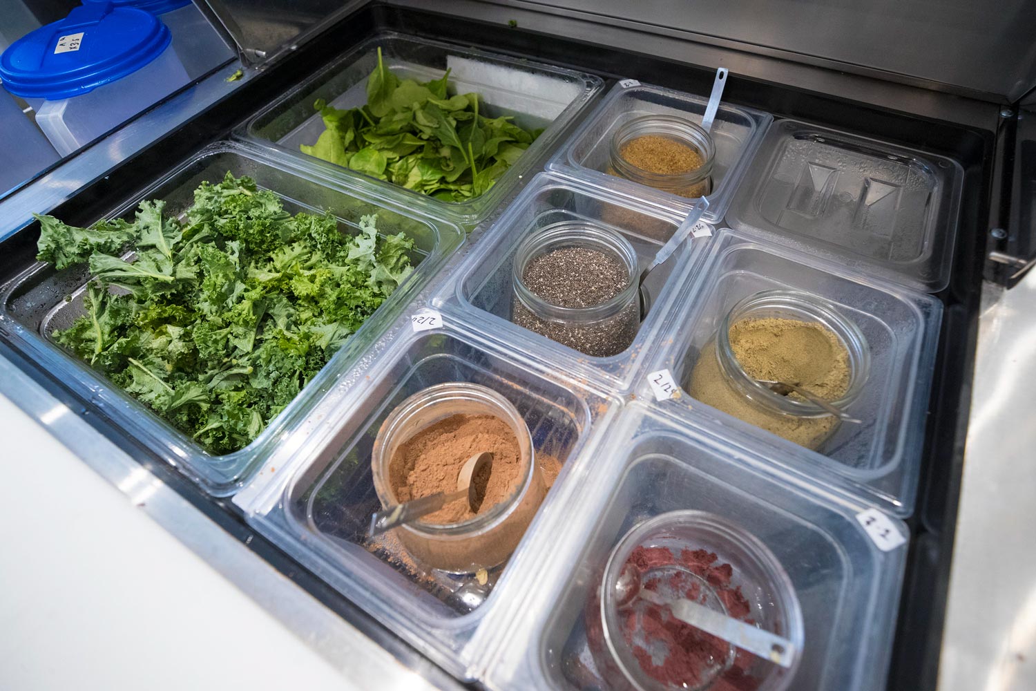 Organic ingredients in food prep containers at The Juice Laundry 