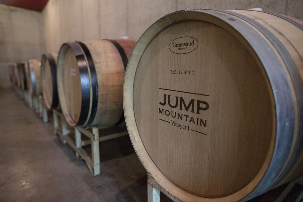 Barrels of Jump Mountain Vineyard wine