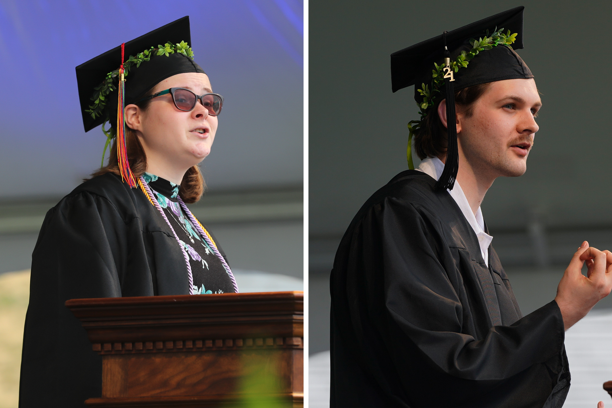 Graduates speaking at the podium during graduation: Kasey M. Roper, left, Elliott Carter, right