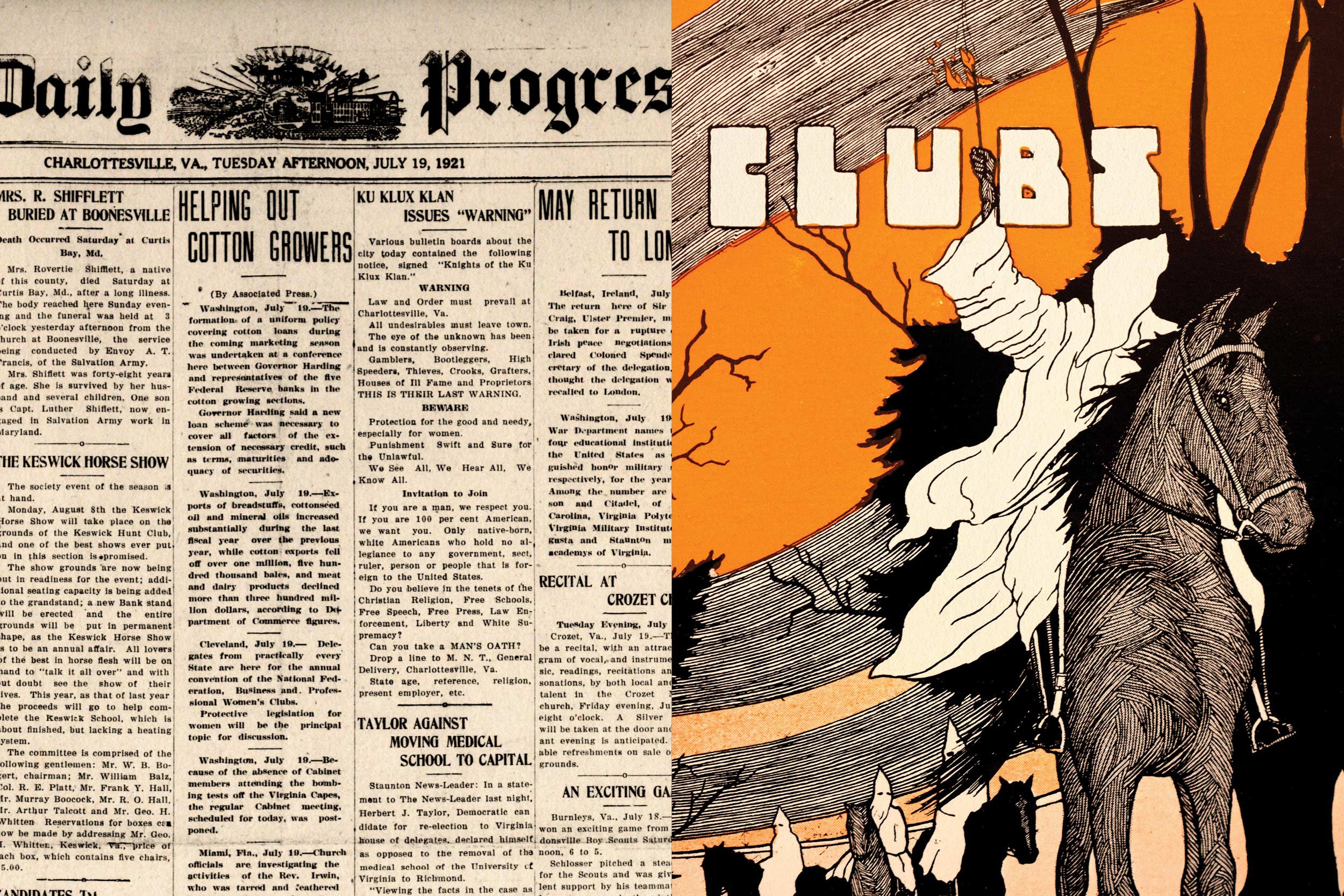 Left: Old Daily progess newspaper. Right: KKK image in a UVA yearbook