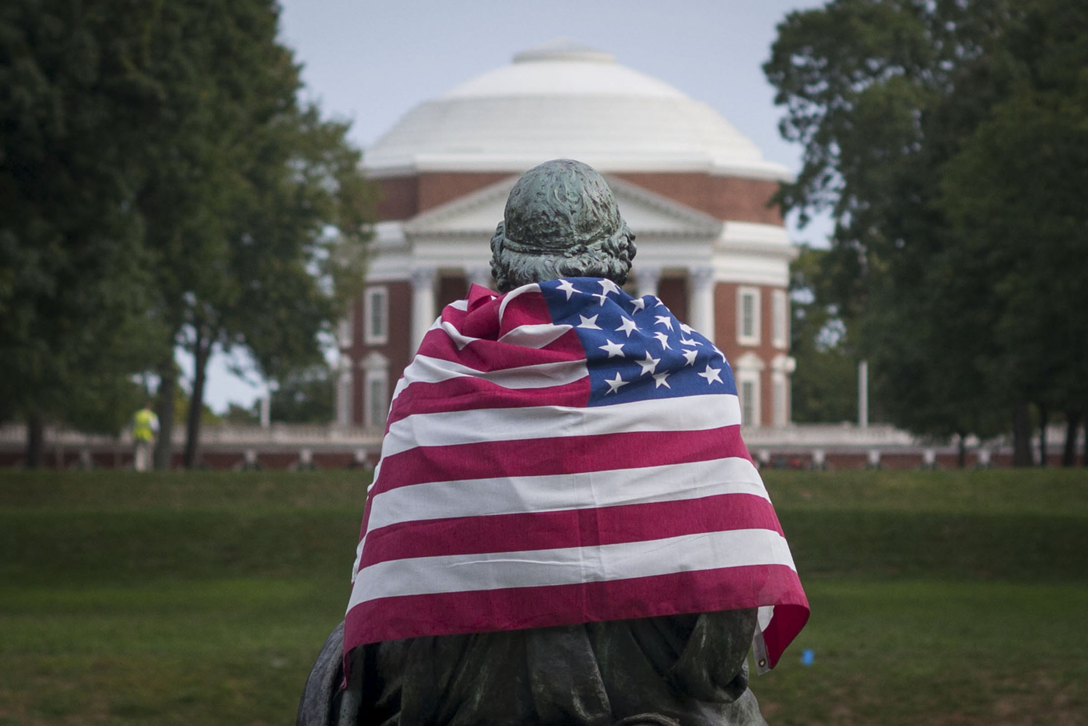 Homer Statue draped in an American Flag