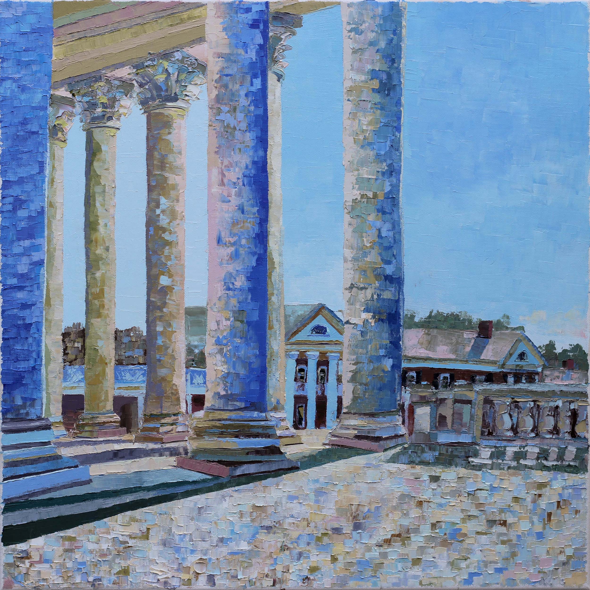 Davis’ painting “Academical Village II” views the Lawn through the pillars of the Rotunda