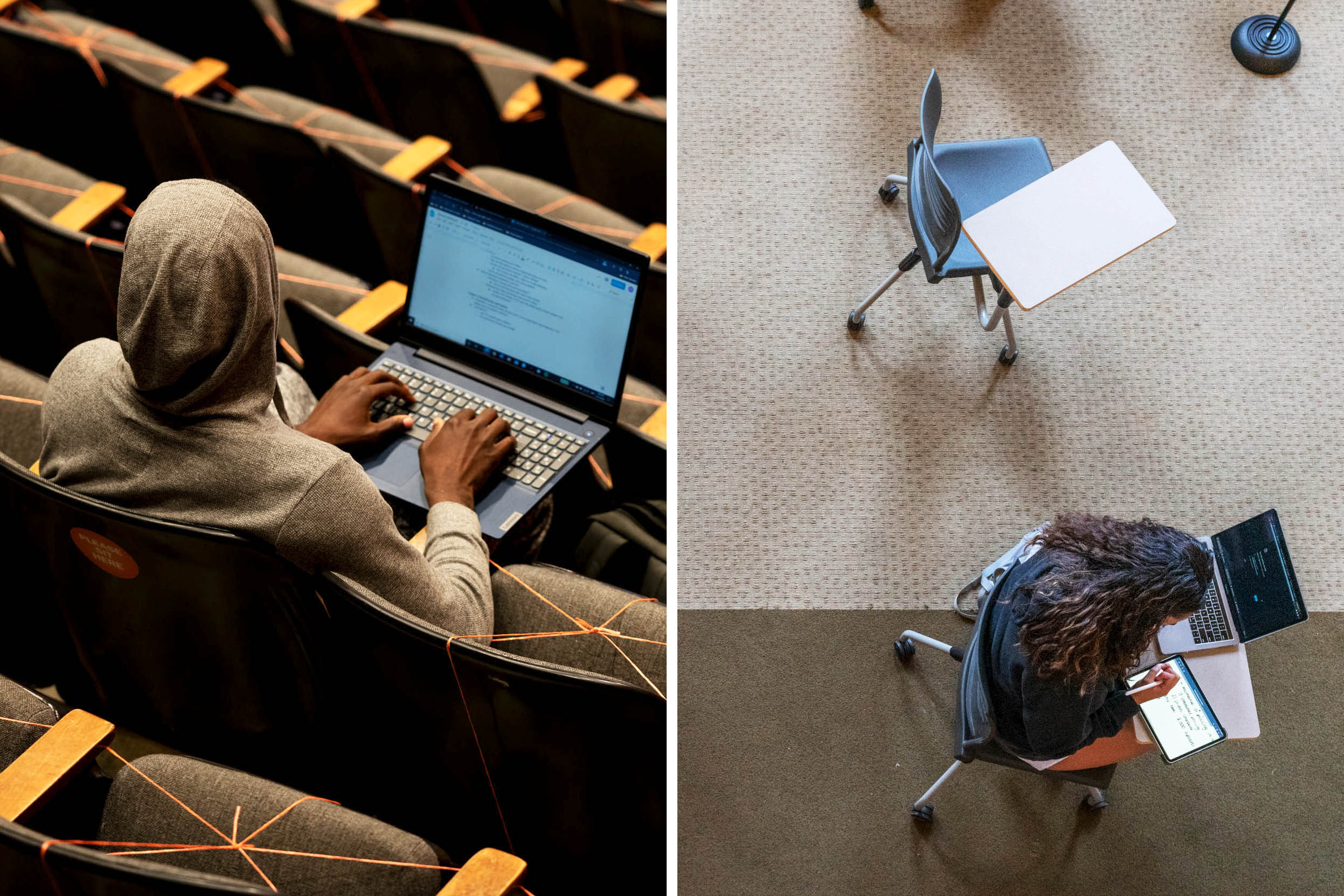 left: Student working on their laptop in a lecture hall.  right: Looking down on a student working in a socially distance chair