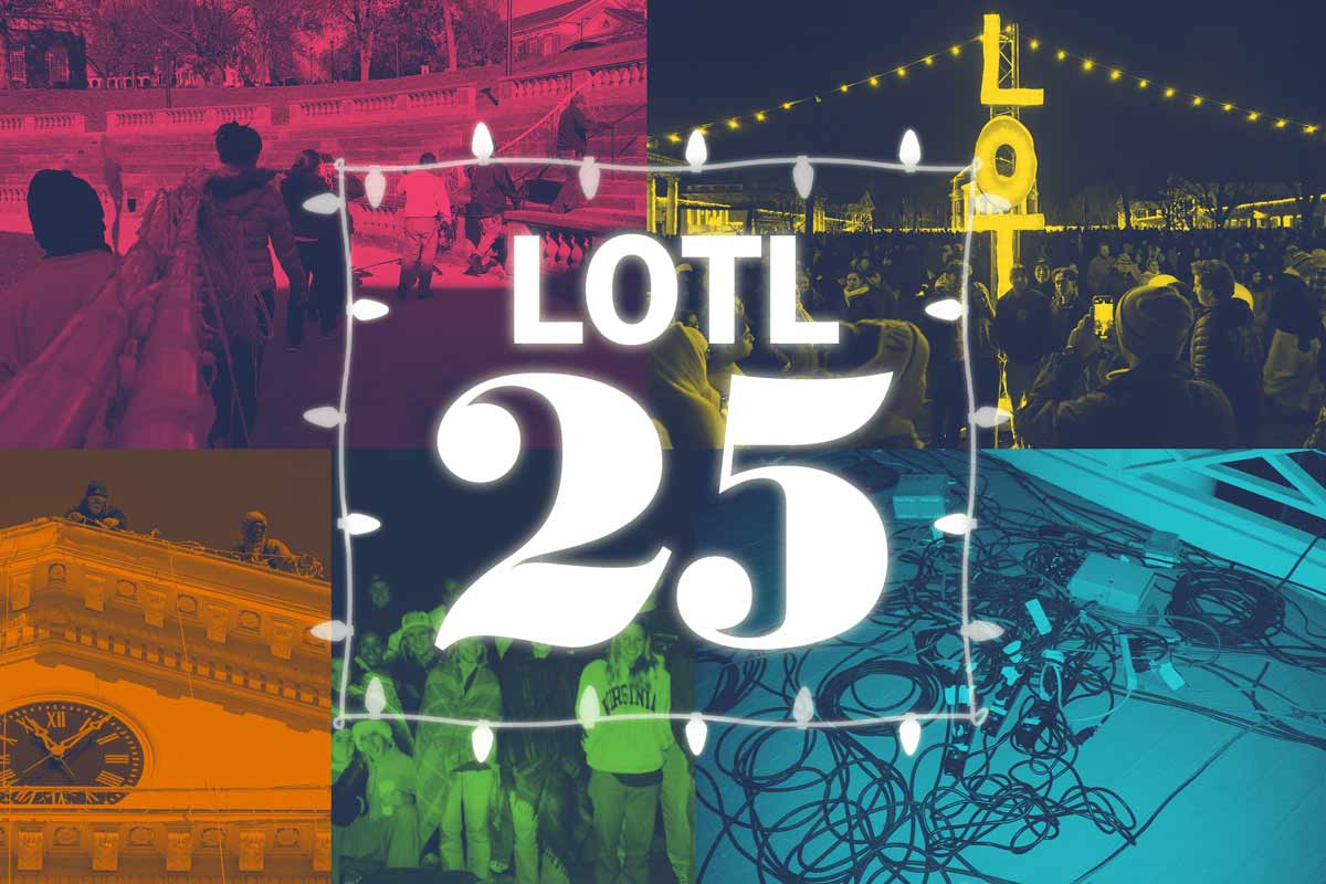 Collage of past lighting of the lawn events in secondary brand colors, the text overlayed “LOTL 25”