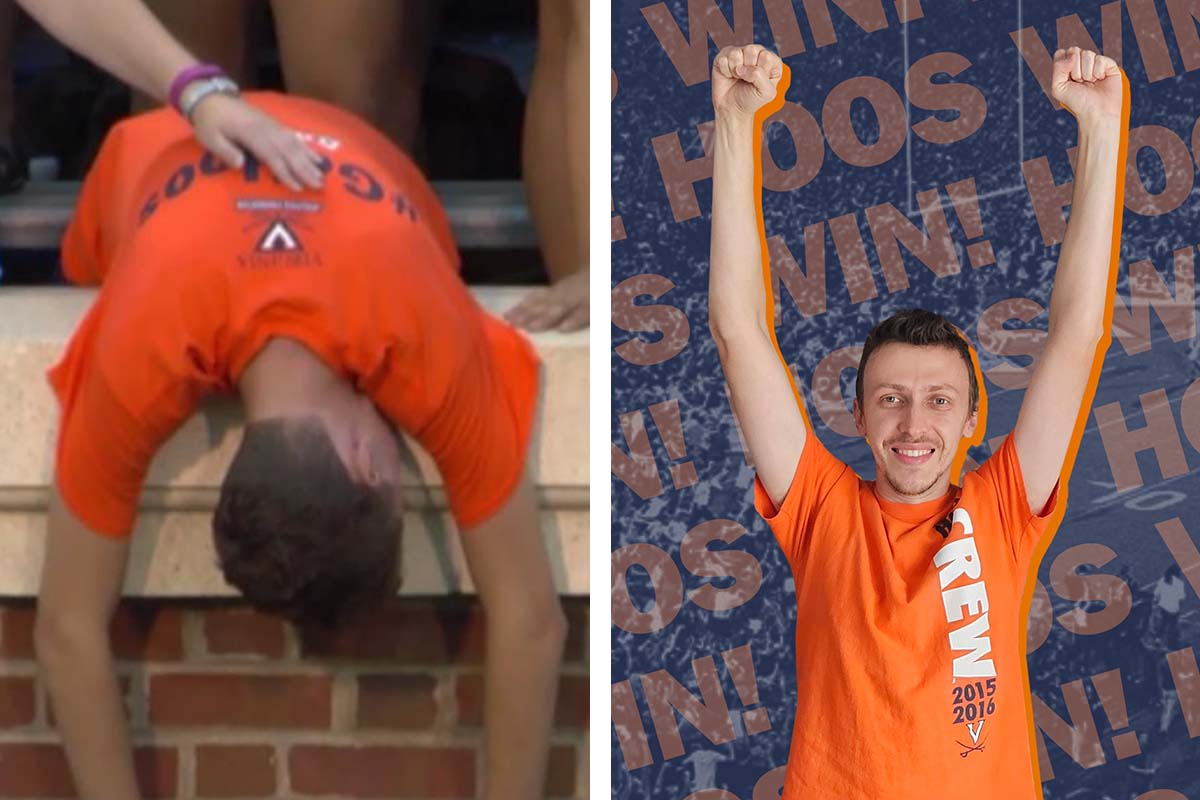 Mike Bunting hanging over the wall at Scott Stadium in defeat during a UVA football game when he was a student