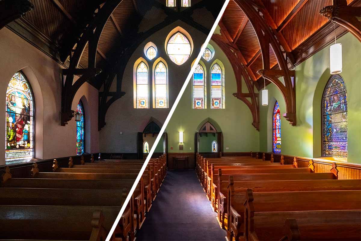 Side by side photos of the inside of UVA Chapel showing before and after the renovations