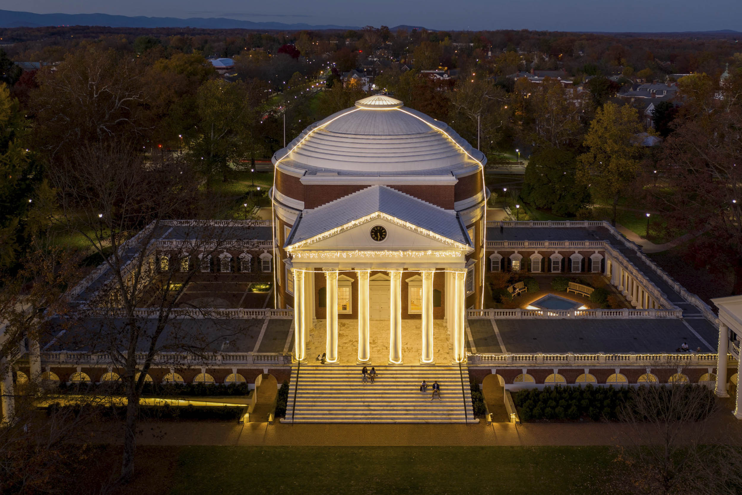 Arial view of the Rotunda Outlined in white lights