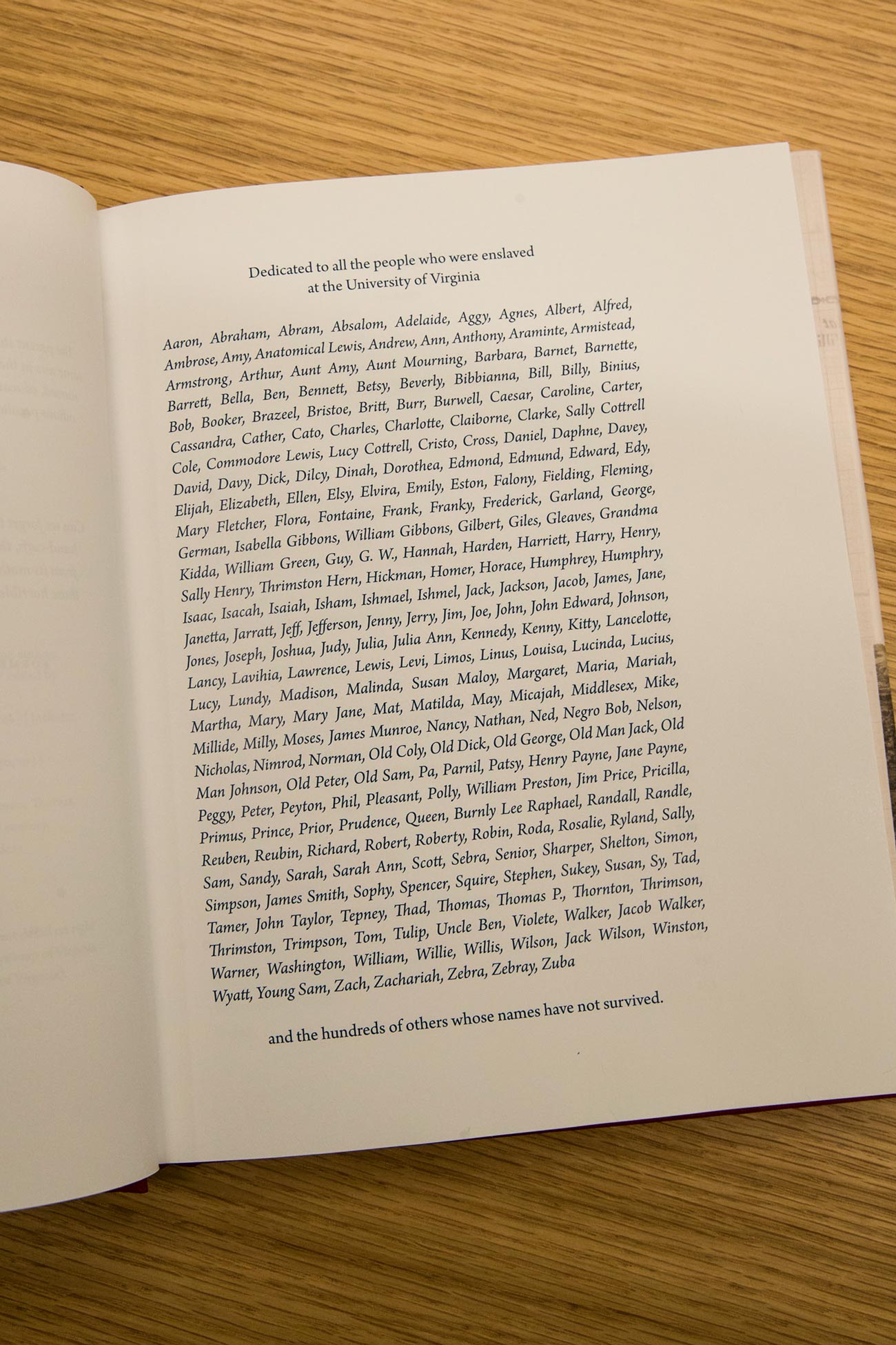 Books dedication page filled with names