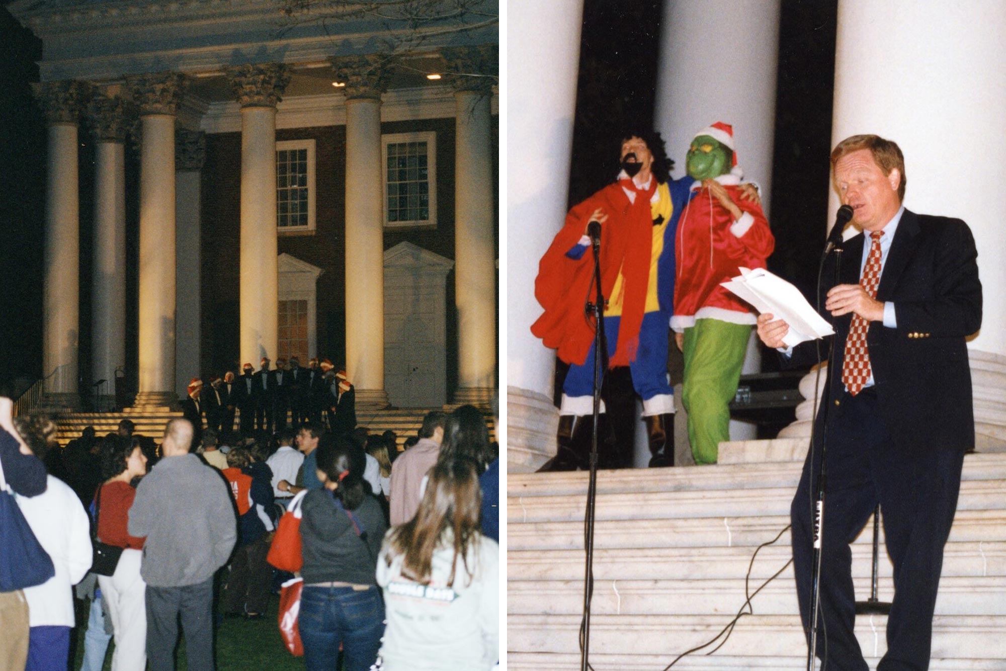 Left: acapella group singing on the steps of the Rotunda.  Right: Pete Gillen reading a poem to a crowd at the Rotunda