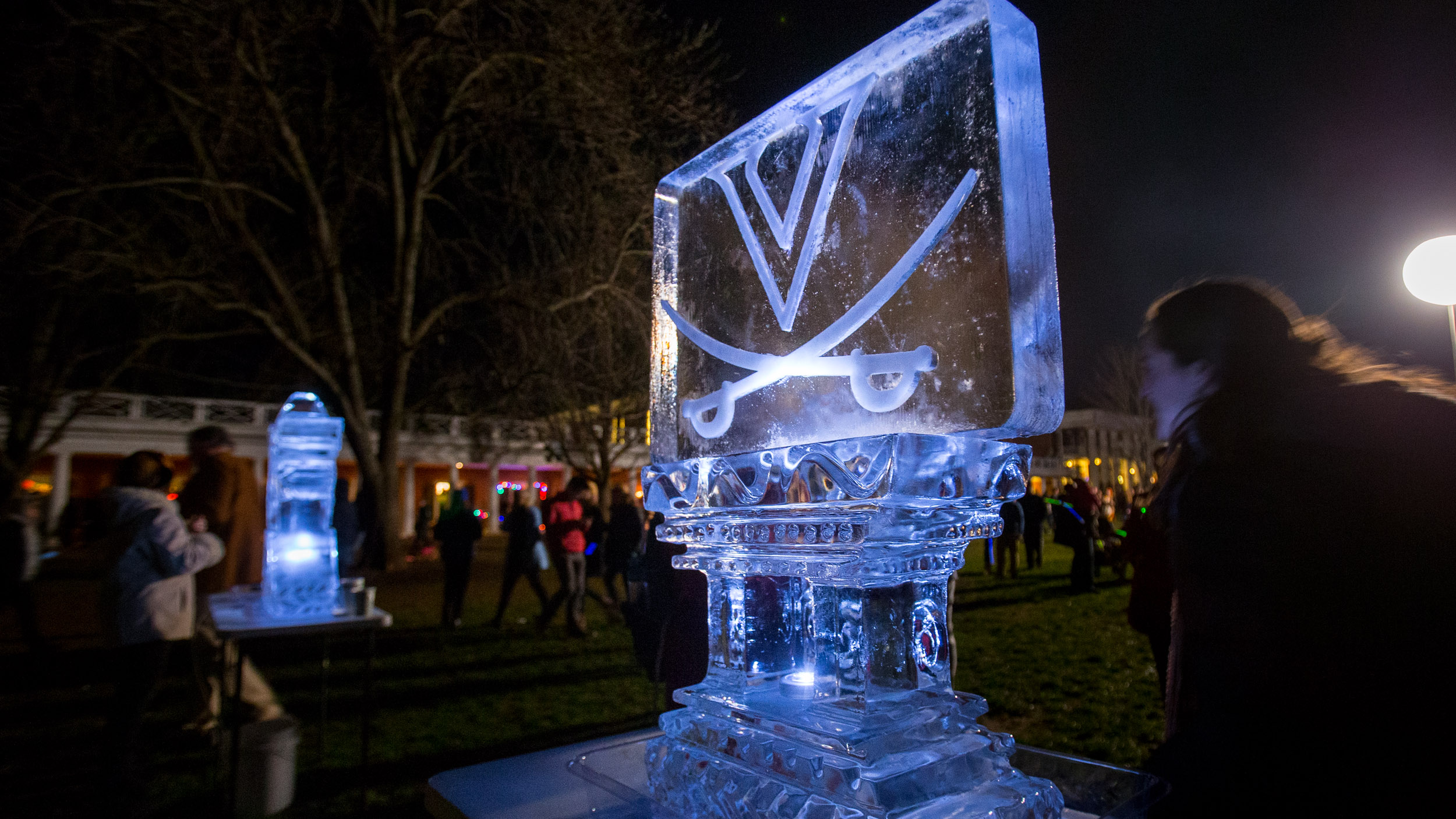 Ice sculpture with the UVA V Saber logo on it