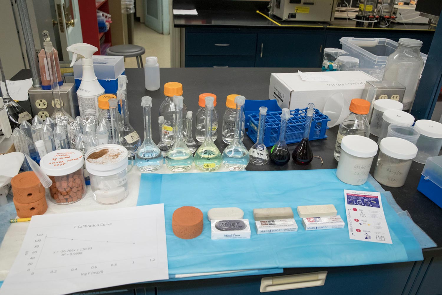 Lab table setup for an experiment