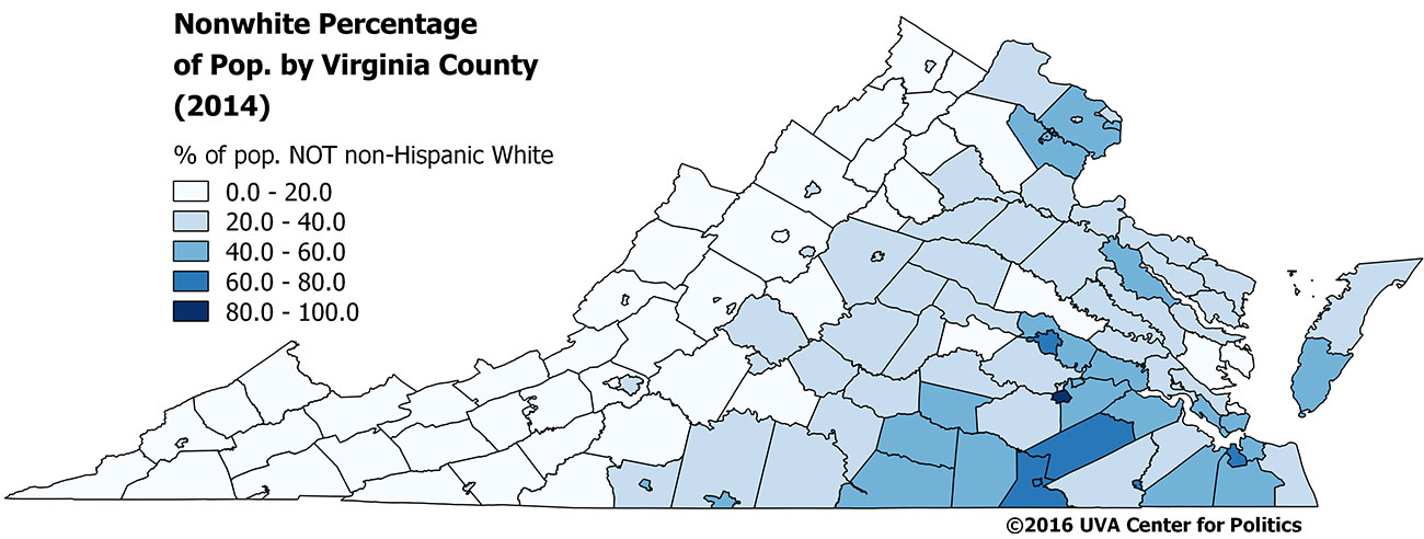 Map 4: Nonwhite percentage of the population by county, 2014. 