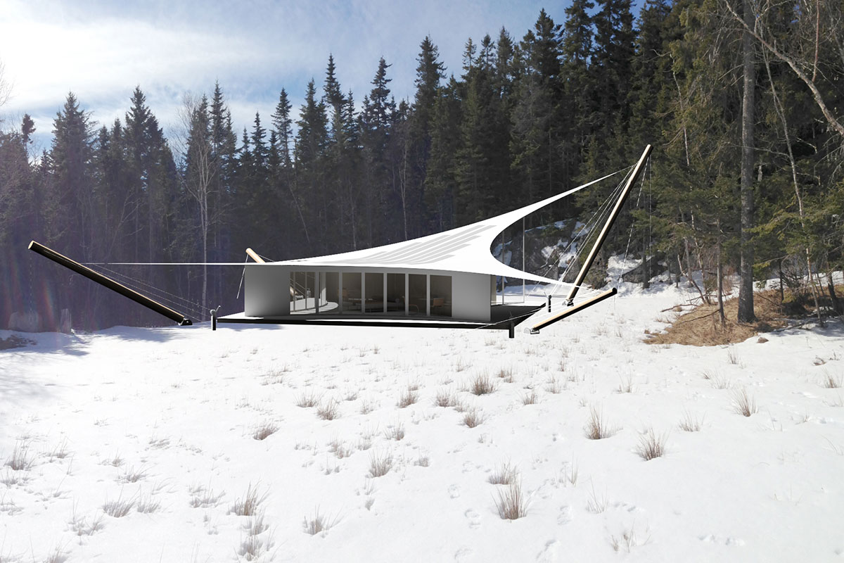 Mark and his team hope to create more effective emergency shelters using tension membrane fabric, shown here in a study model of a collapsible building that Mark designed for Acadia National Park in Maine. (Image: Earl Mark)