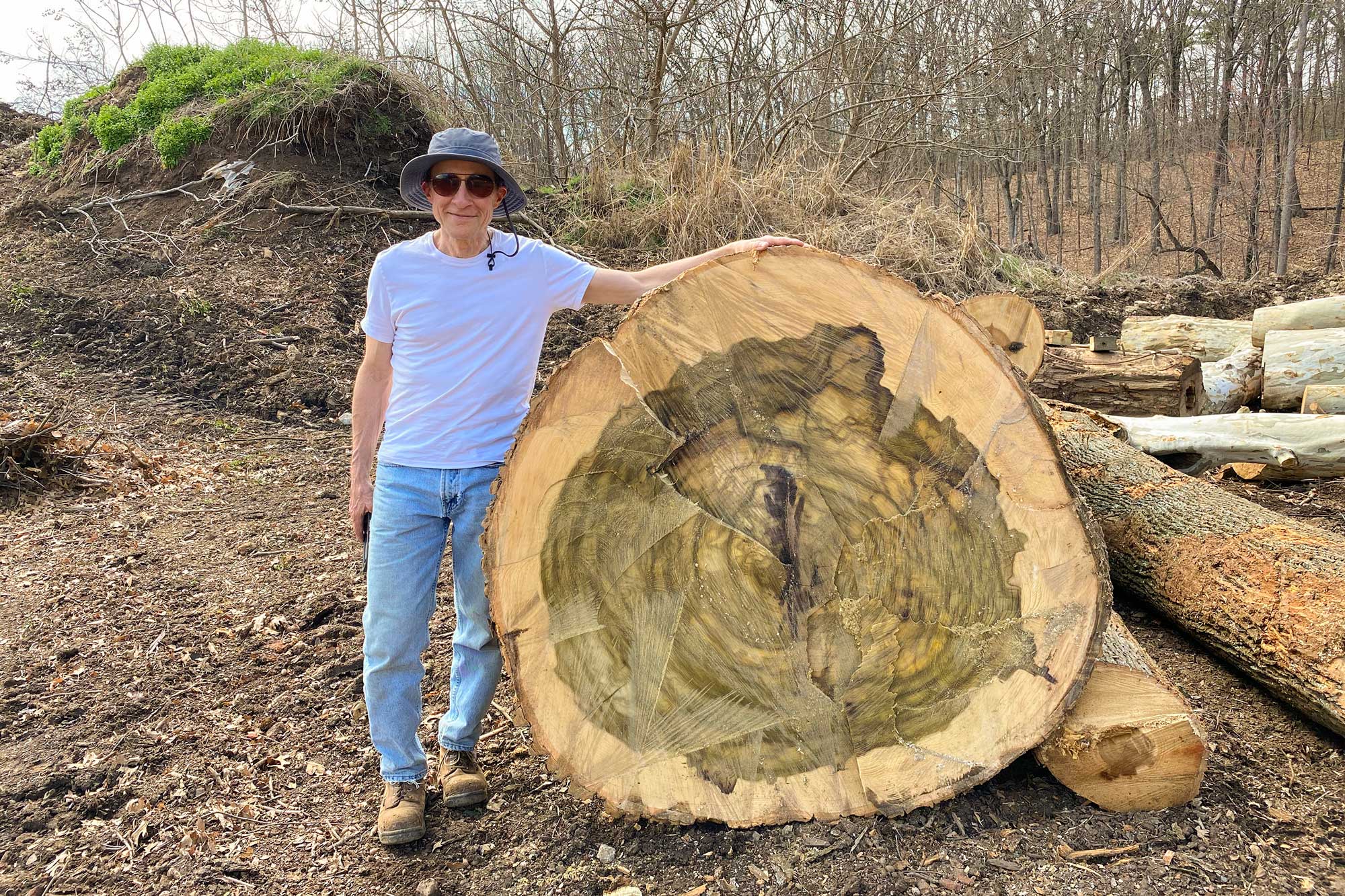 Mark Kutney stands next to a huge tulip poplar tree that was cut down.