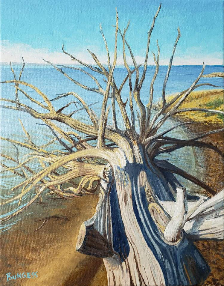 Painting of a dead tree bending into the water