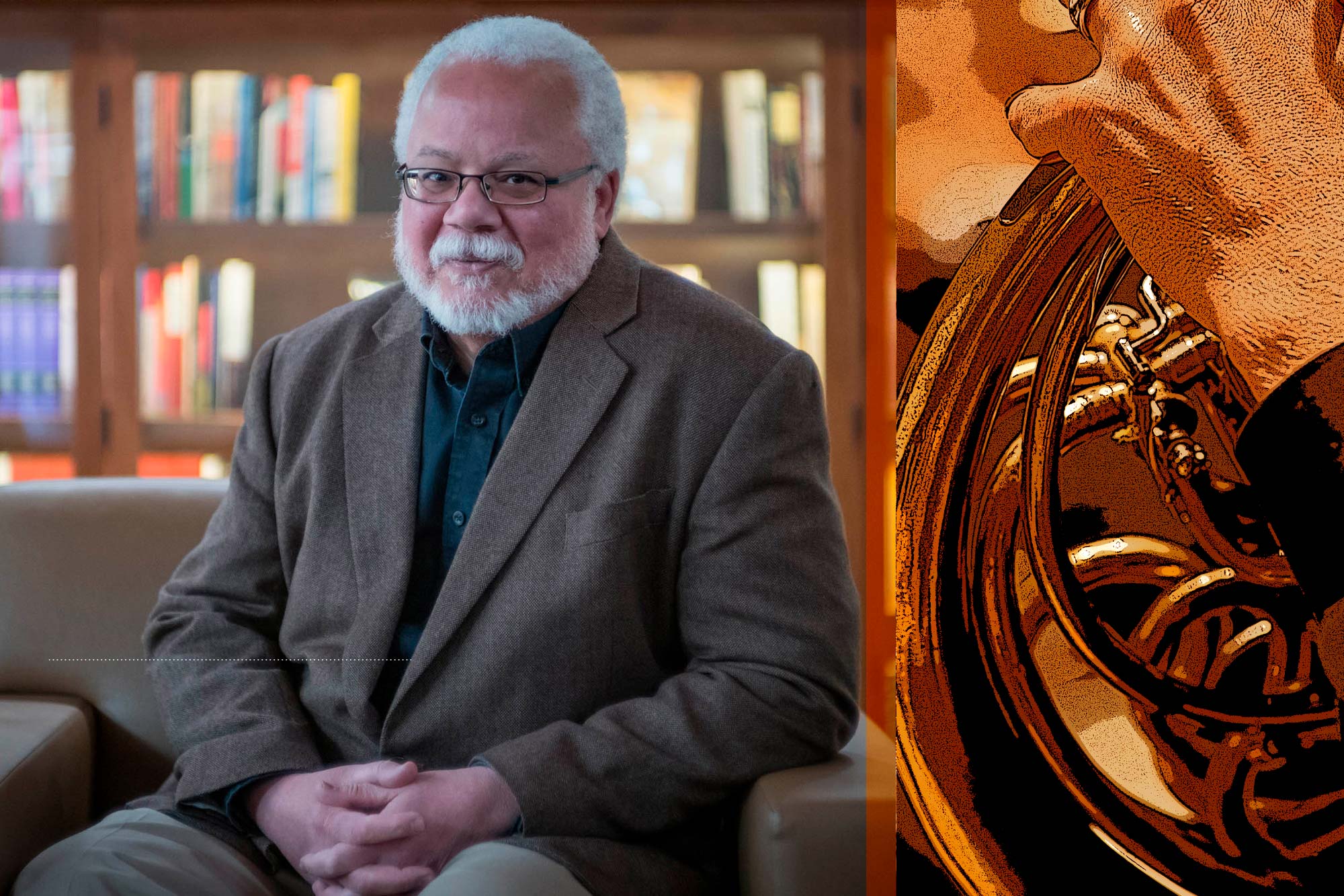 Left: John Edwin Mason headshot Right: Close up view of someone playing a french horn