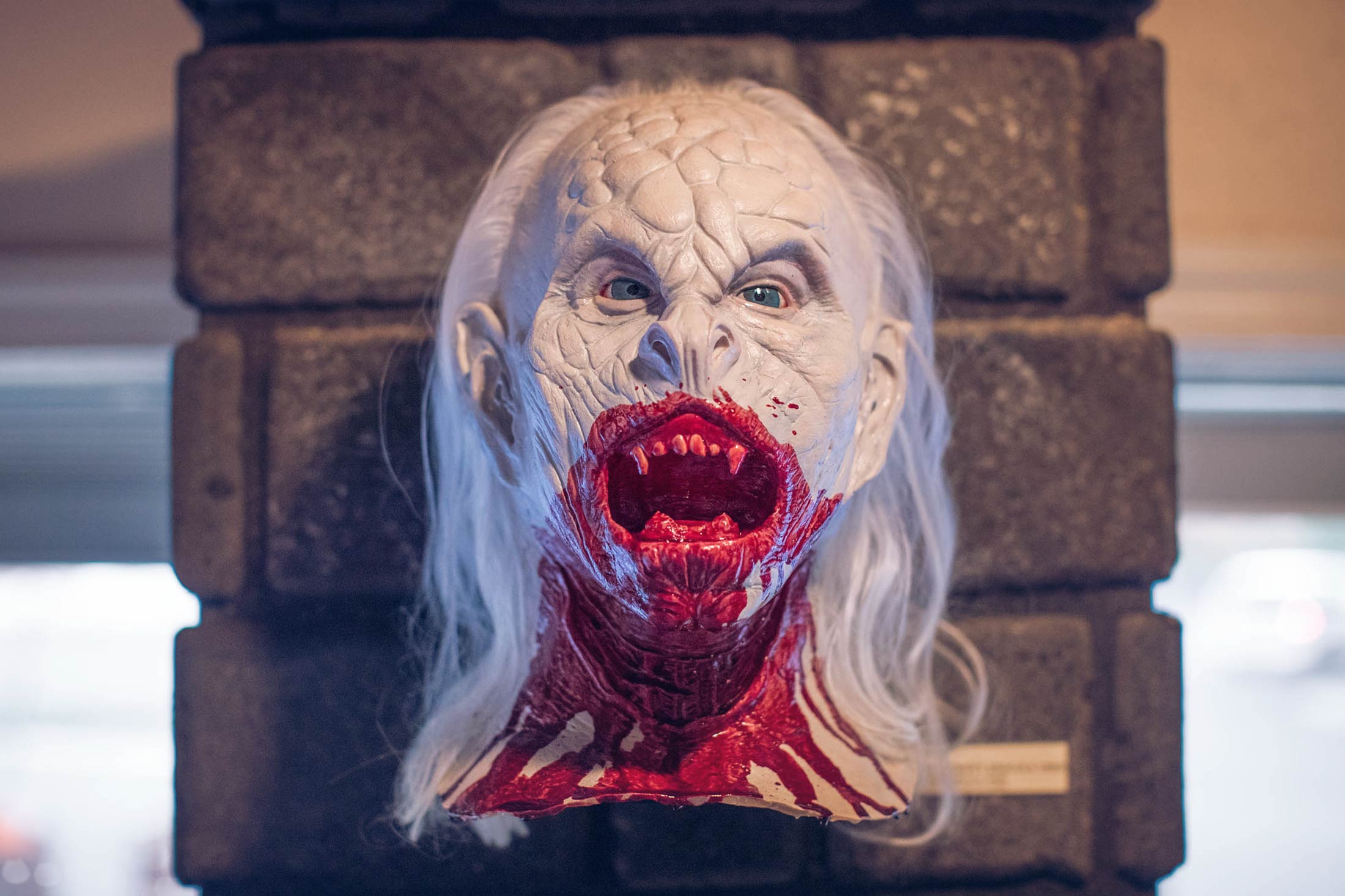 A bloody vampire mask mounted on a wall