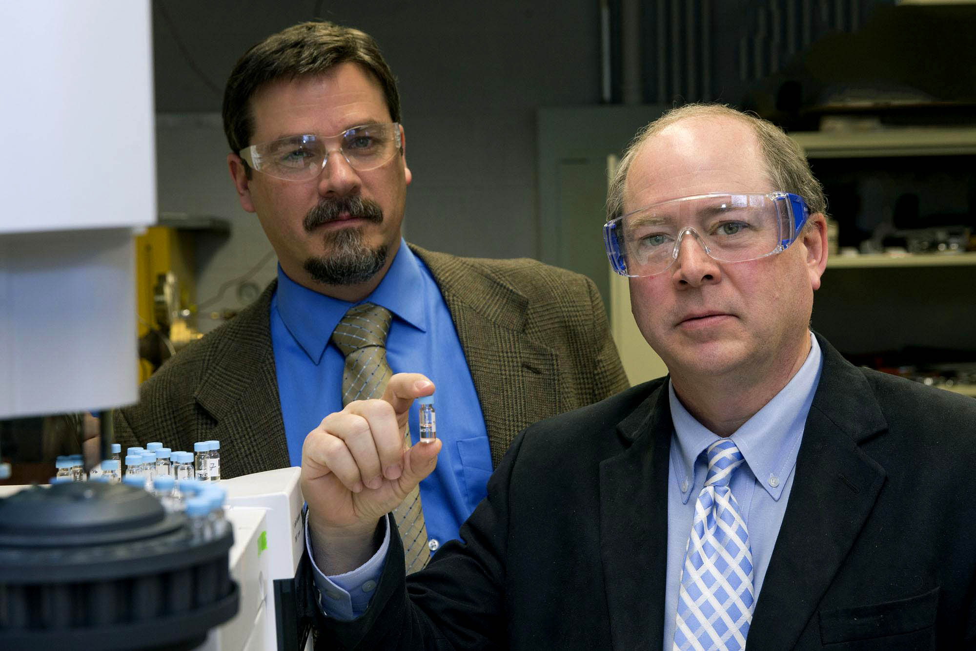T. Brent Gunnoe and Robert Davis, co-directors of UVA’s side of MAXNET Energy, an initiative with Germany’s Max Planck Society. (Photo by Dan Addison)