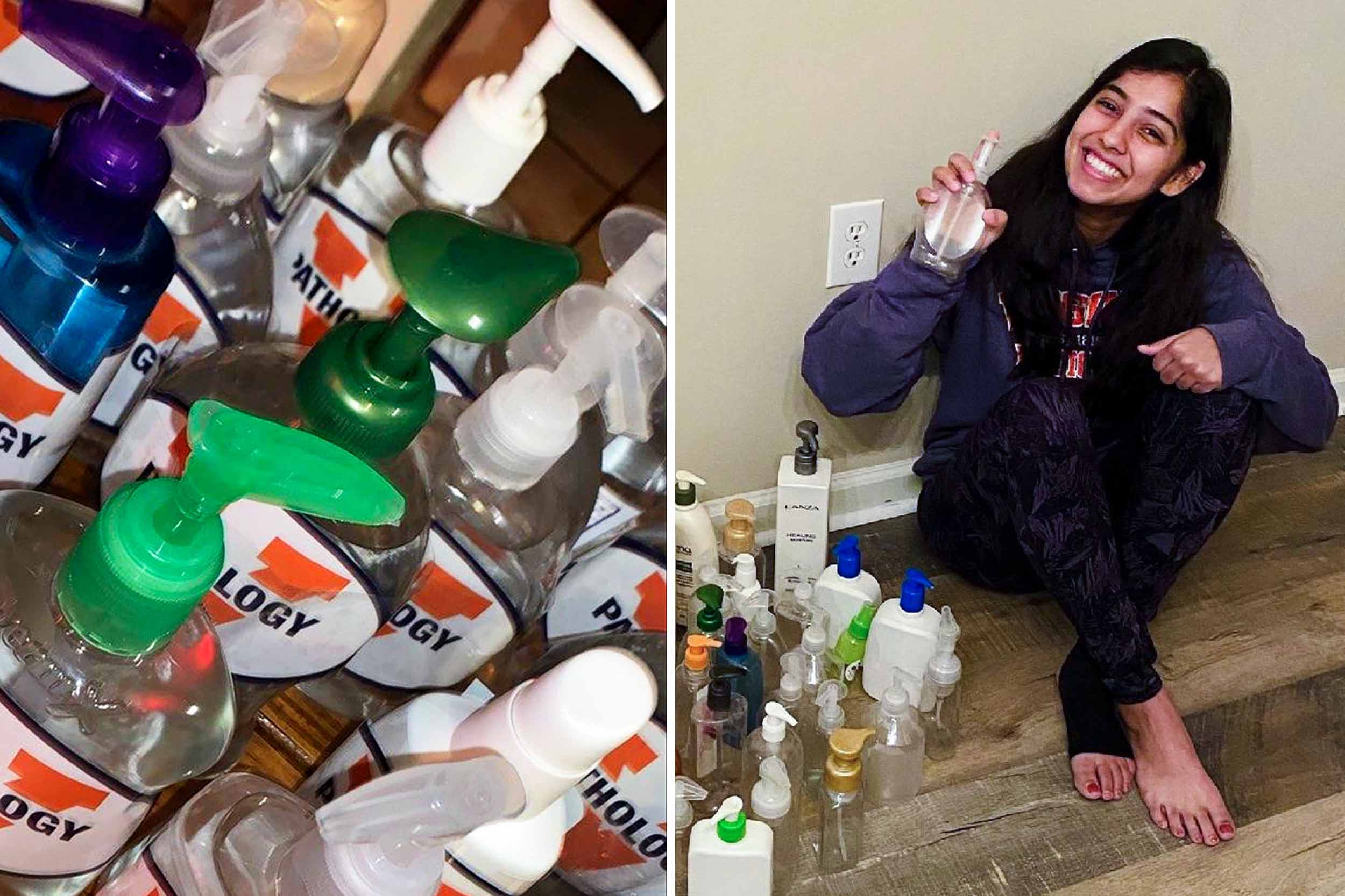 Left: Bottles filled with hand sanitizer Right: Shalini Subbarao holds a bottle filled with hand sanitizer while sitting on the floor smiling 