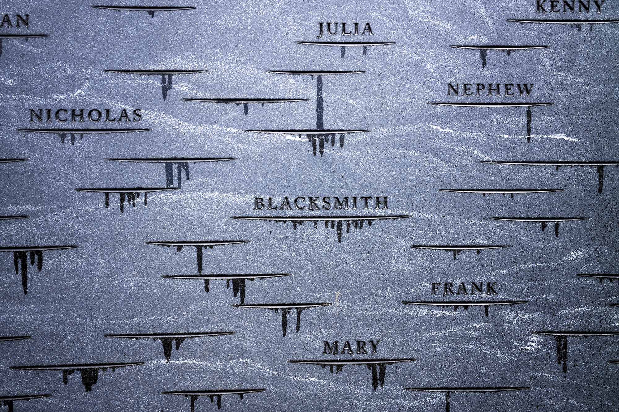 close up of engraved names that are on the Memorial of Enslaved Laborers