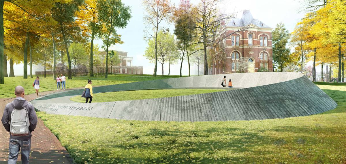 A rendering of the Memorial the Enslaved Laborers with students walking in the memorial